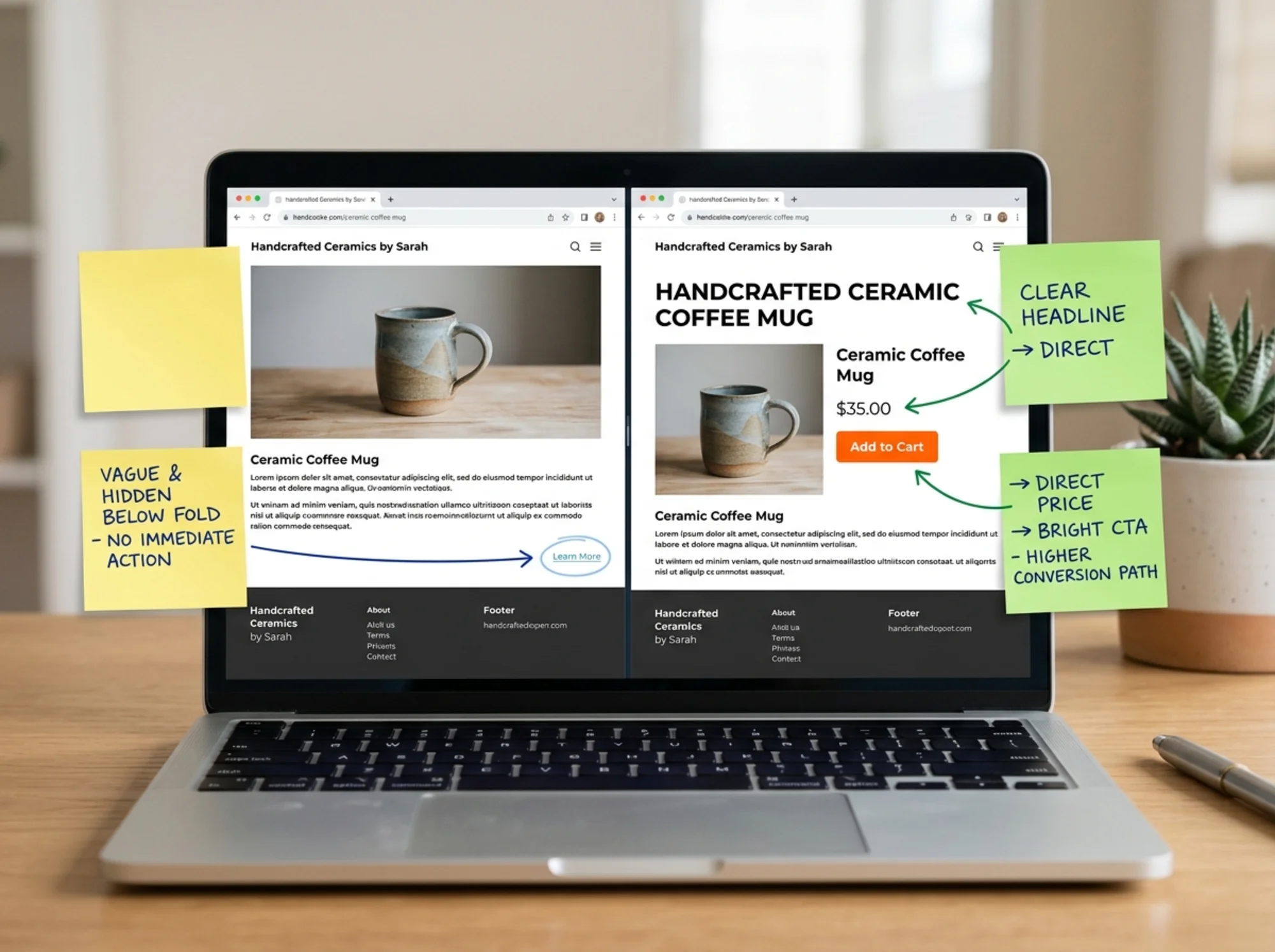 Split-screen browser view comparing two versions of a small business product page on a laptop — left side shows a vague "Learn More" link buried below the fold, right side shows a bright "Add to Cart" button above the fold with clear pricing, with sticky-note annotations marking the path from headline to conversion
