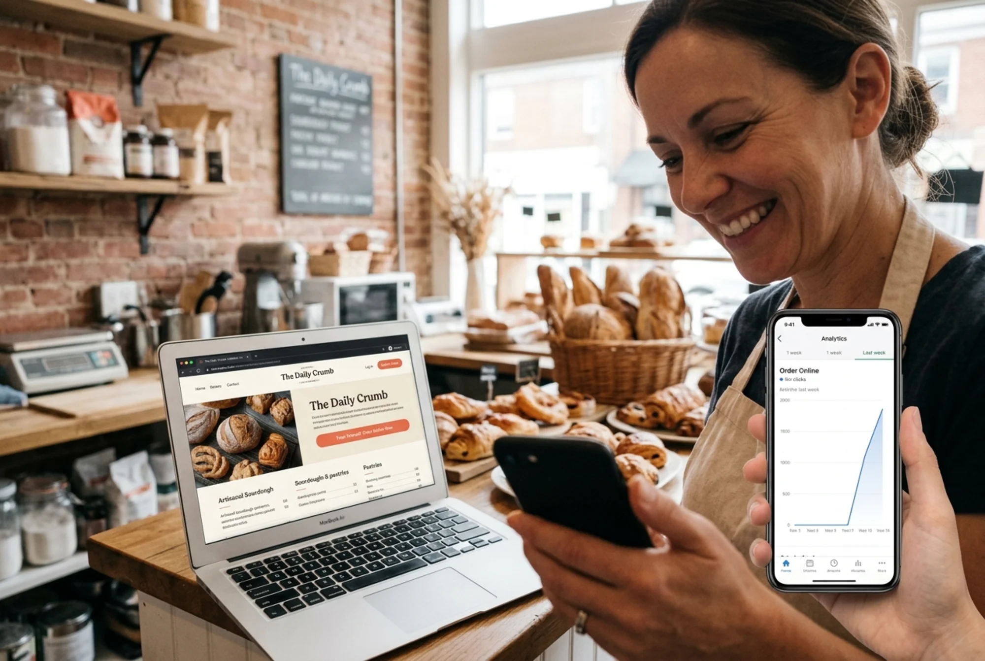 A small bakery owner smiling at a phone notification showing a sharp upward spike in "Order Online" button clicks on a simple analytics dashboard, with a laptop in the background displaying the rewritten warmer-colored button on her live website