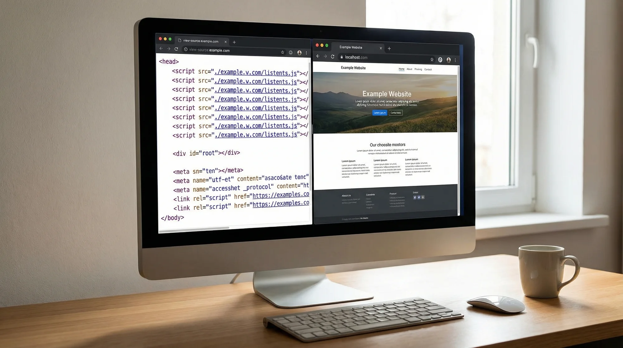 Browser view-source showing sparse HTML with mostly script tags and an empty div, next to the same site fully rendered in another tab
