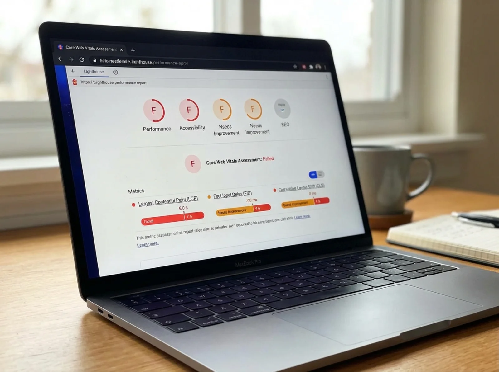 Lighthouse performance report showing failing Core Web Vitals scores with red and orange indicators
