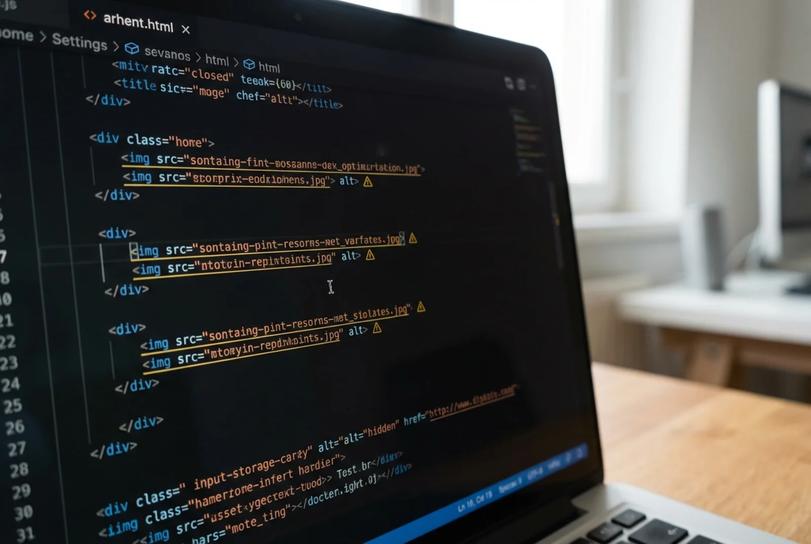 Code editor showing missing alt text on multiple image tags highlighted with warning icons