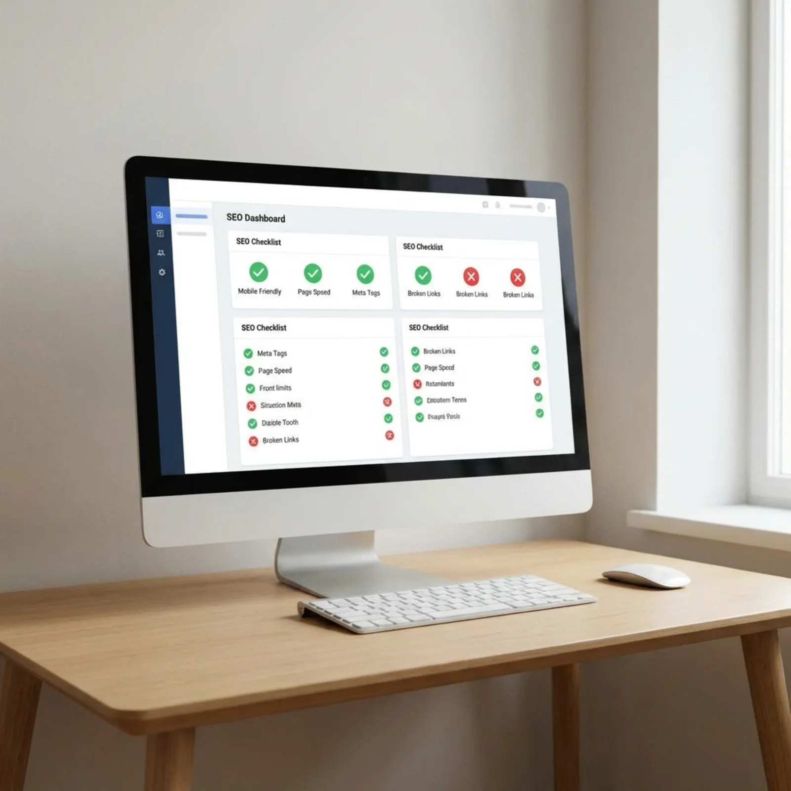 Website audit dashboard with green checkmarks and red X marks across SEO checklist categories