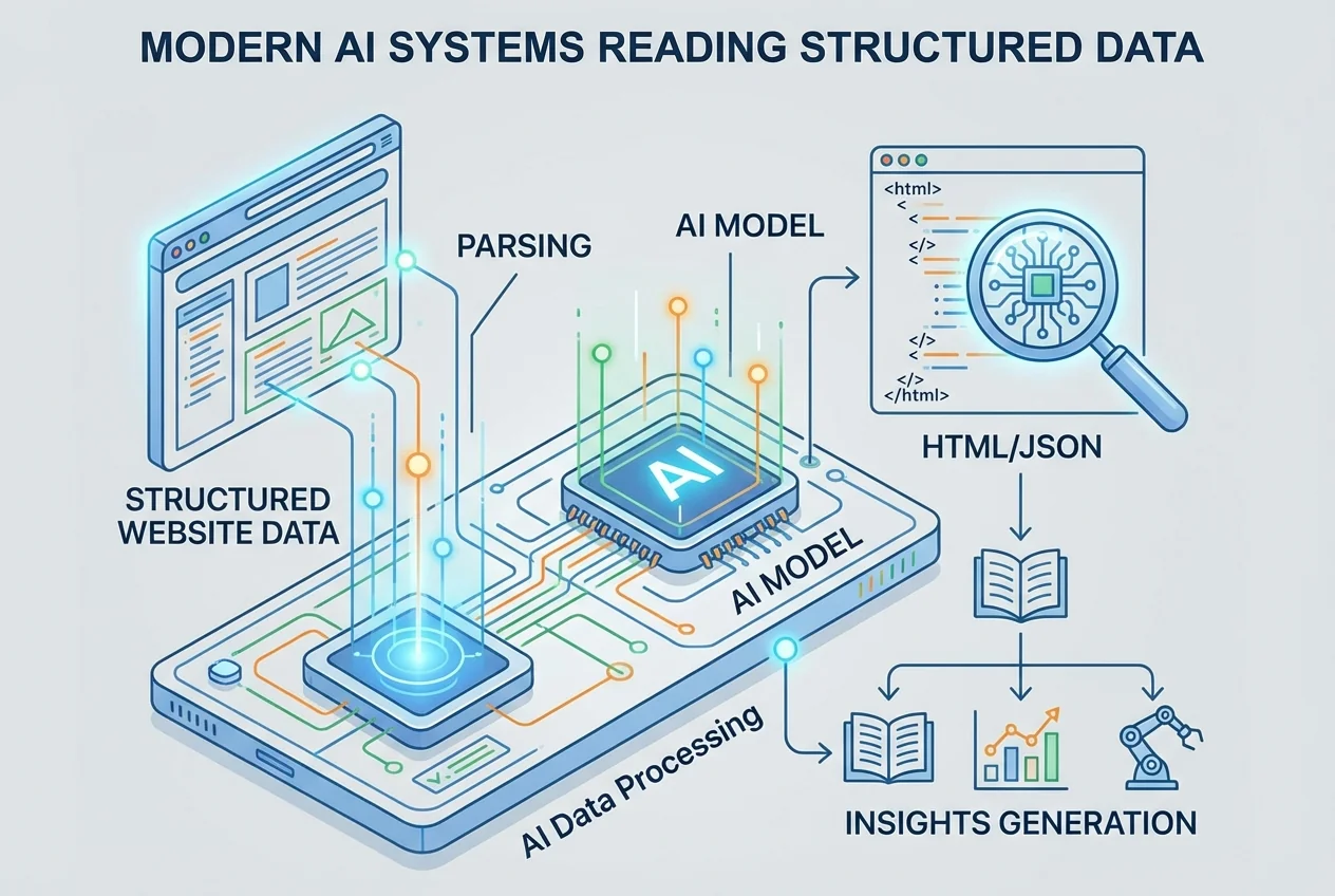 AI systems reading structured website data, modern technical illustration