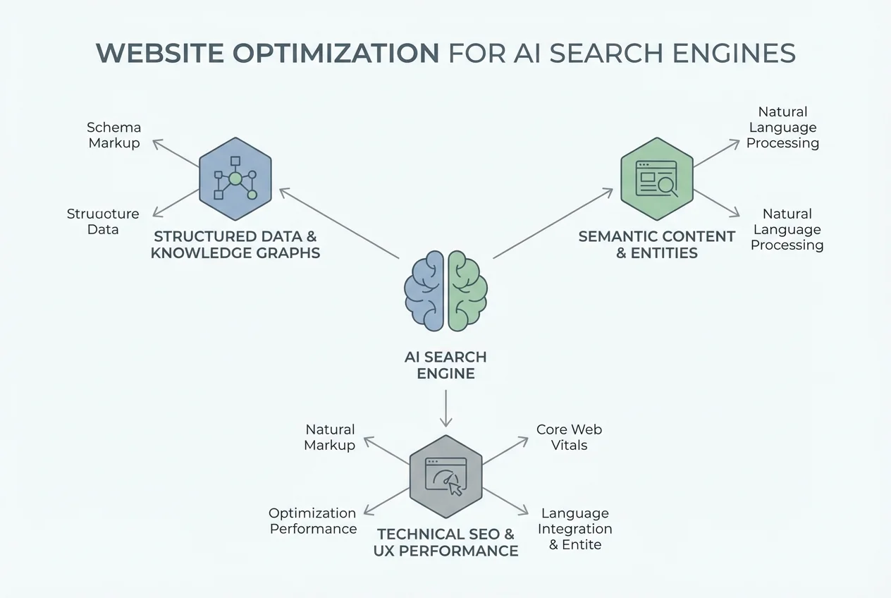 Website optimization for AI search engines, clean diagram style