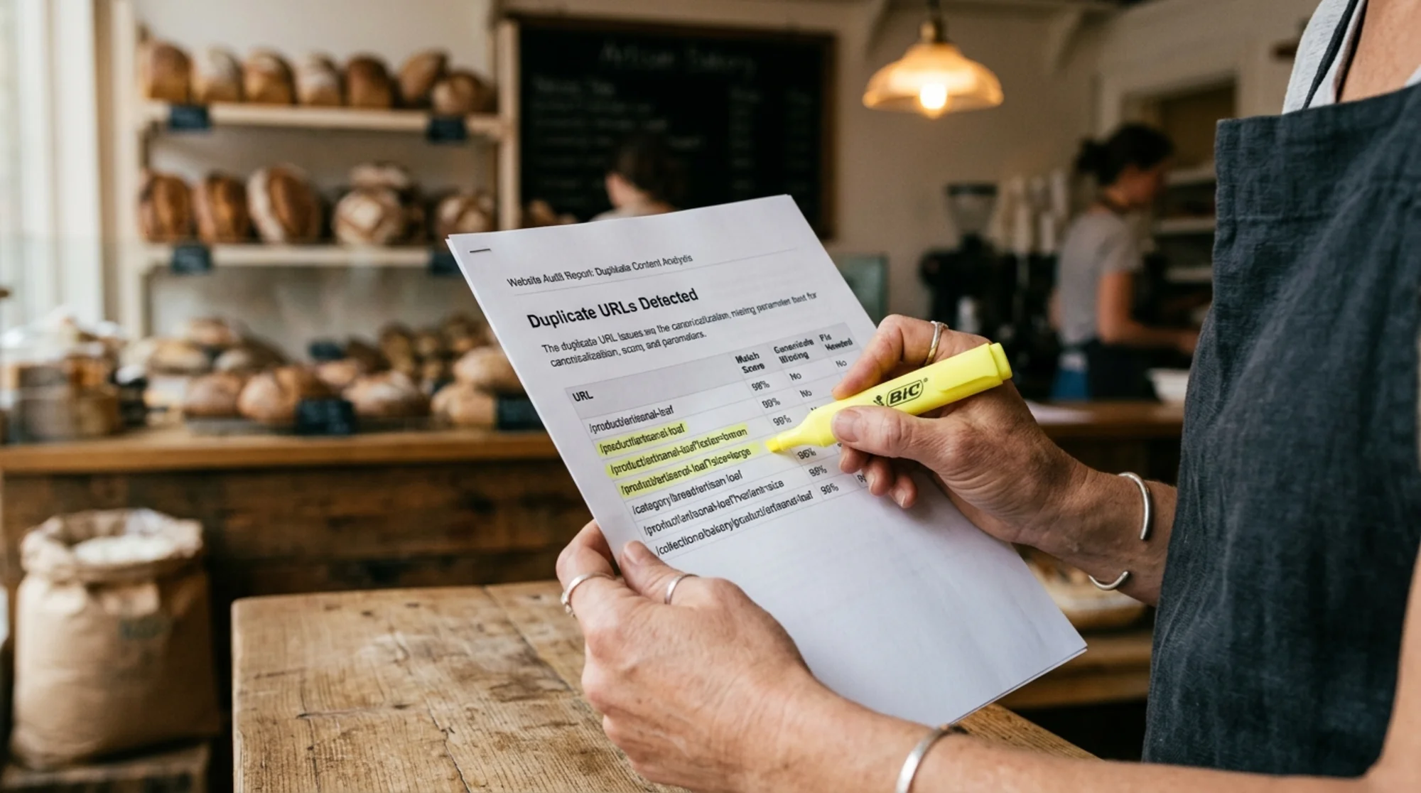 Close-up of a small business owner's hands holding a printed website audit report titled "Duplicate URLs Detected" with yellow marker highlighting a list of product-variant URLs and parameter-tagged URLs, soft morning window light from a bakery storefront in the background