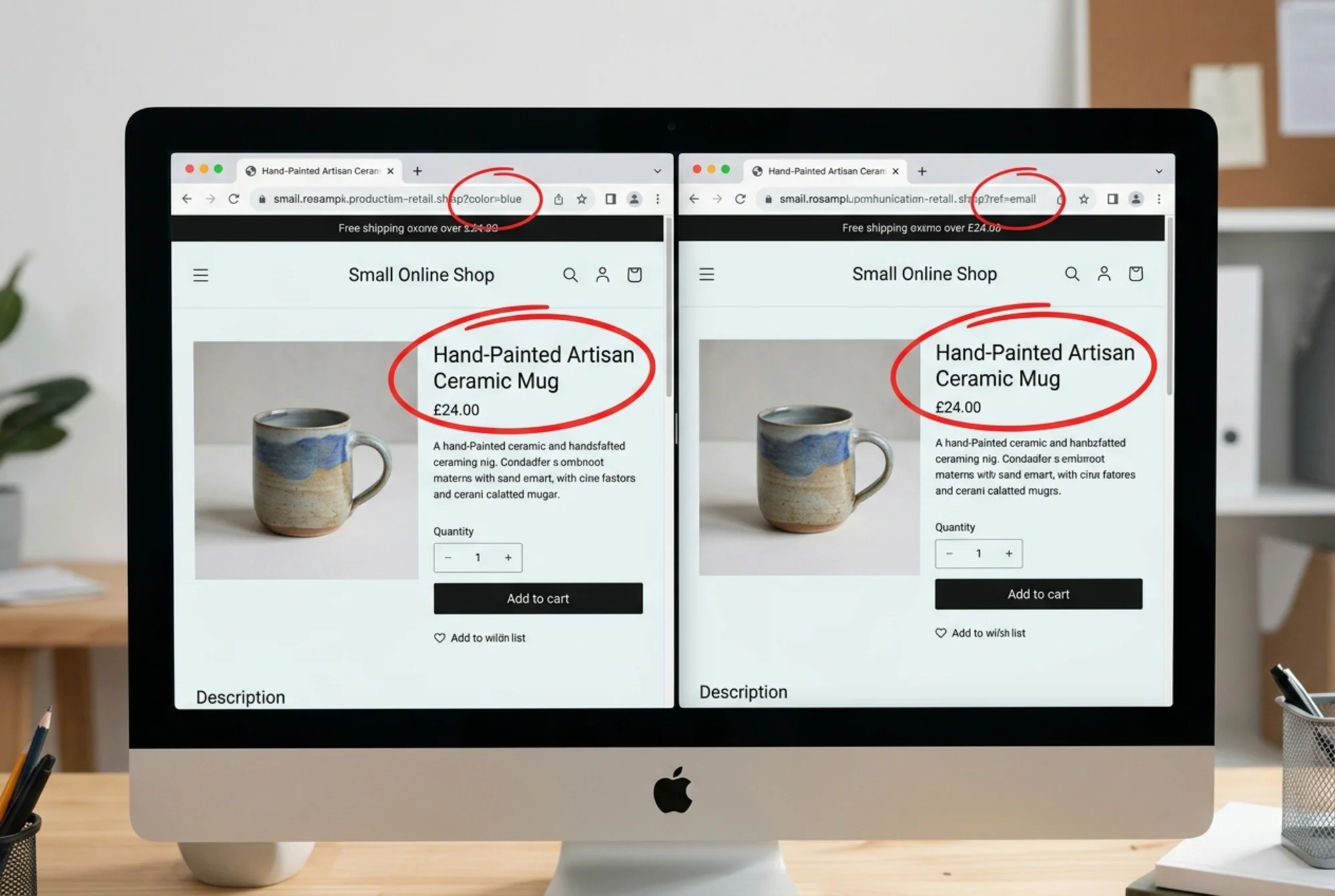 Split-screen browser comparison of two product pages from a small online shop showing identical photos, headlines, and prices but different URLs (one ending in ?color=blue, the other in ?ref=email), red digital circles highlighting the matching content blocks and the differing query parameters in both URL bars