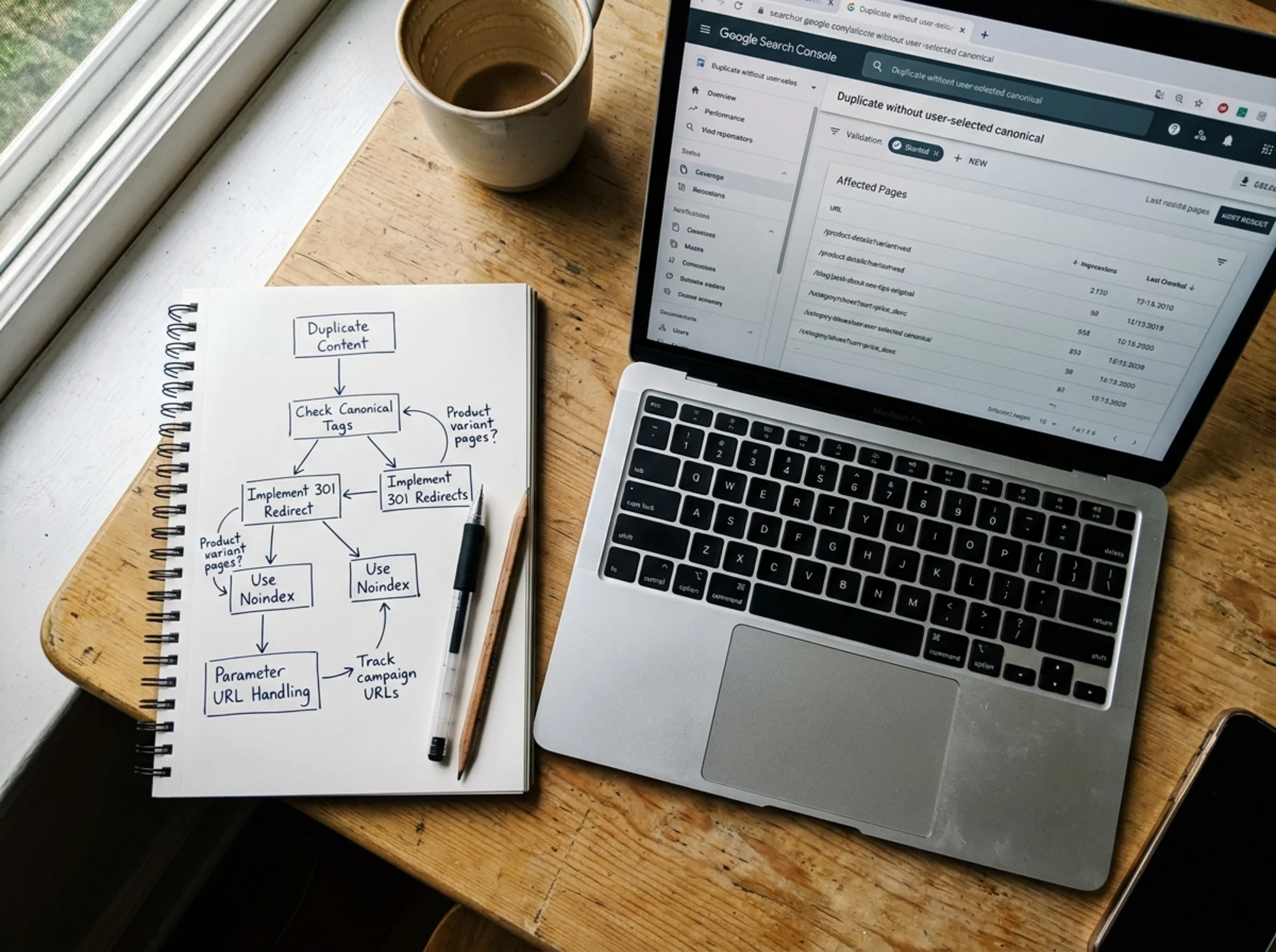 Overhead desk shot of a notebook with a hand-drawn decision flowchart labeling canonical tags, 301 redirects, noindex, and parameter URLs, beside a laptop screen displaying Google Search Console's "Duplicate without user-selected canonical" report with a real URL list visible