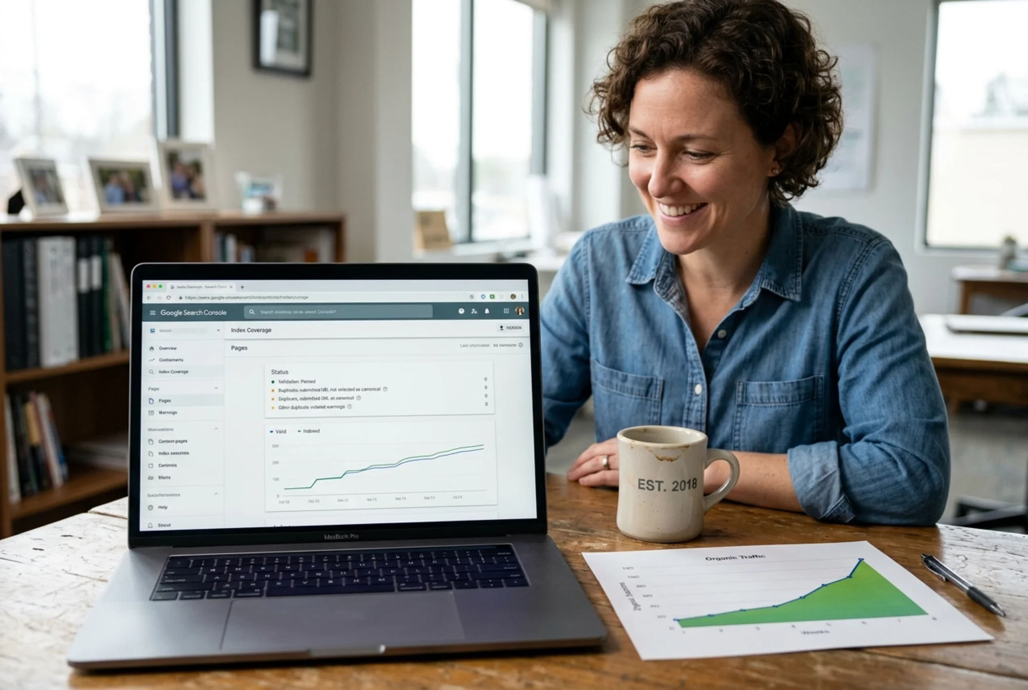 A small business owner smiling at a laptop showing Google Search Console's Pages report with zero duplicate content warnings and a rising indexed-pages graph, beside a coffee mug and a printed eight-week organic traffic chart trending upward