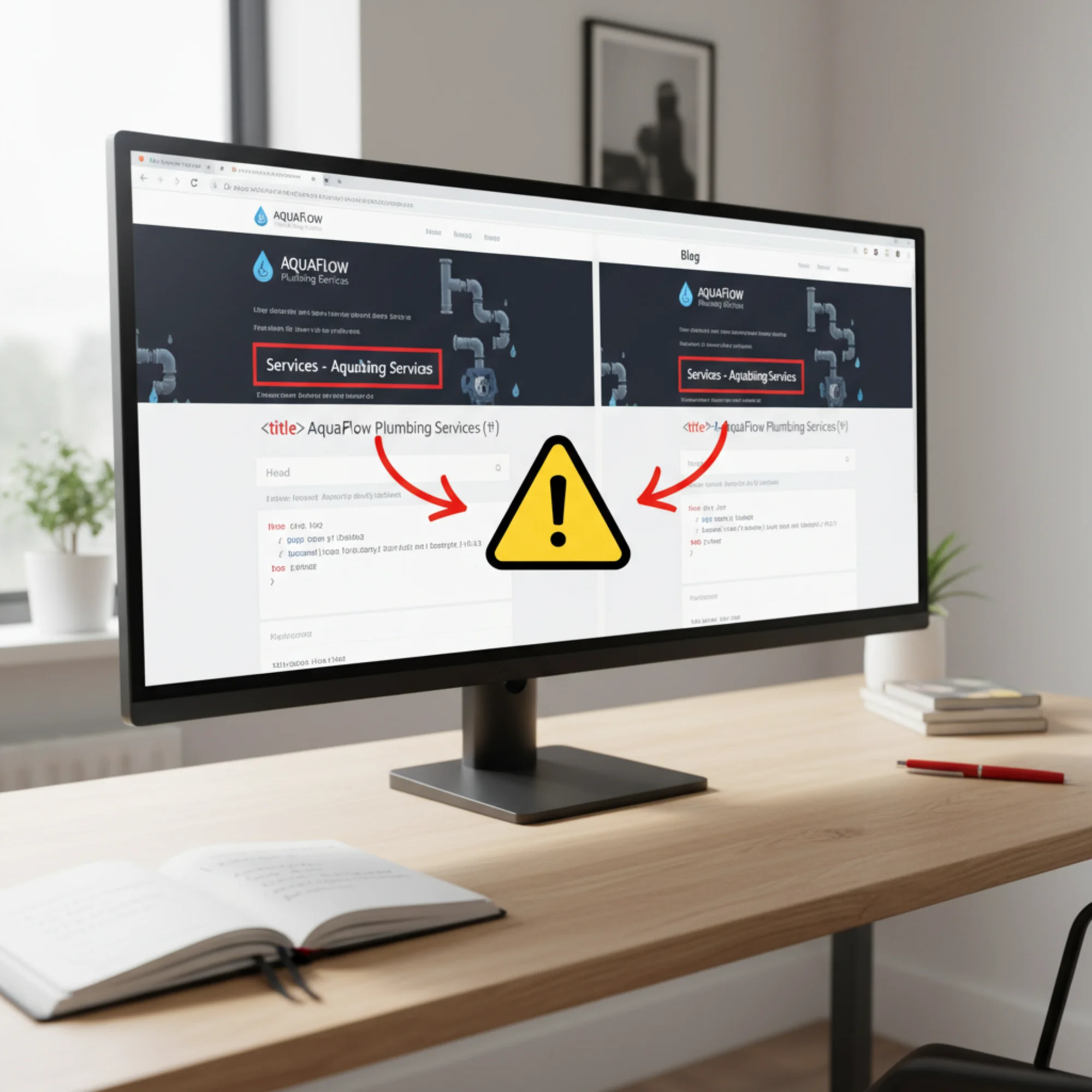 A split-screen showing two browser tabs from the same small business plumbing website with identical title tags highlighted in red, a warning triangle icon between them indicating a duplicate SEO issue