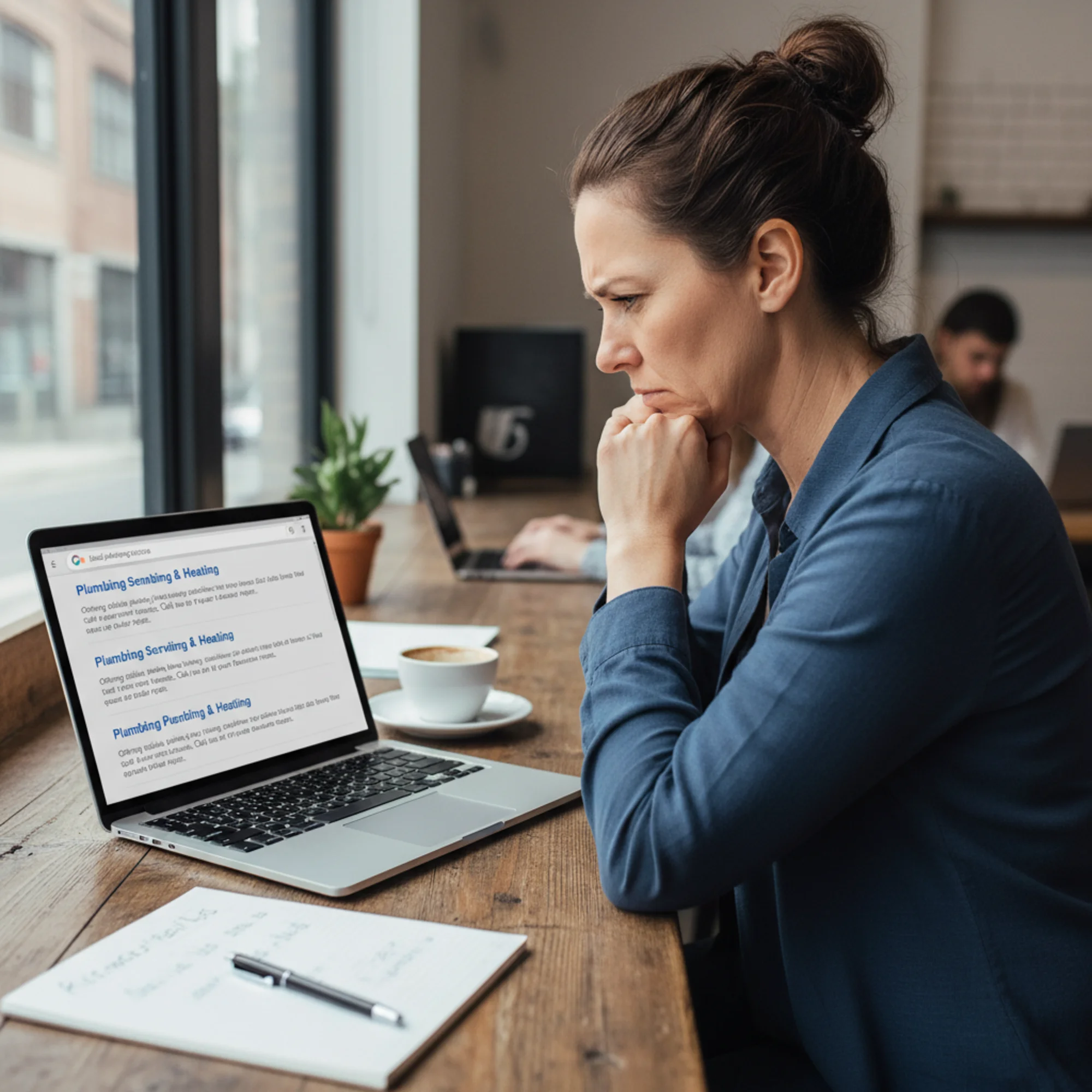A Google search results page with three listings from the same plumbing company all showing the same generic title and meta description, a business owner frowning at the results on a laptop screen