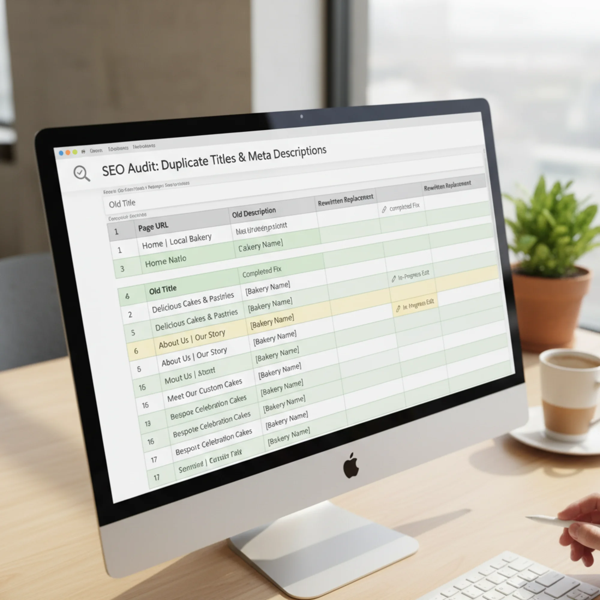 A color-coded spreadsheet audit with columns for page URL, old title, old description, and rewritten replacement, several rows highlighted green for completed fixes and yellow for in-progress edits