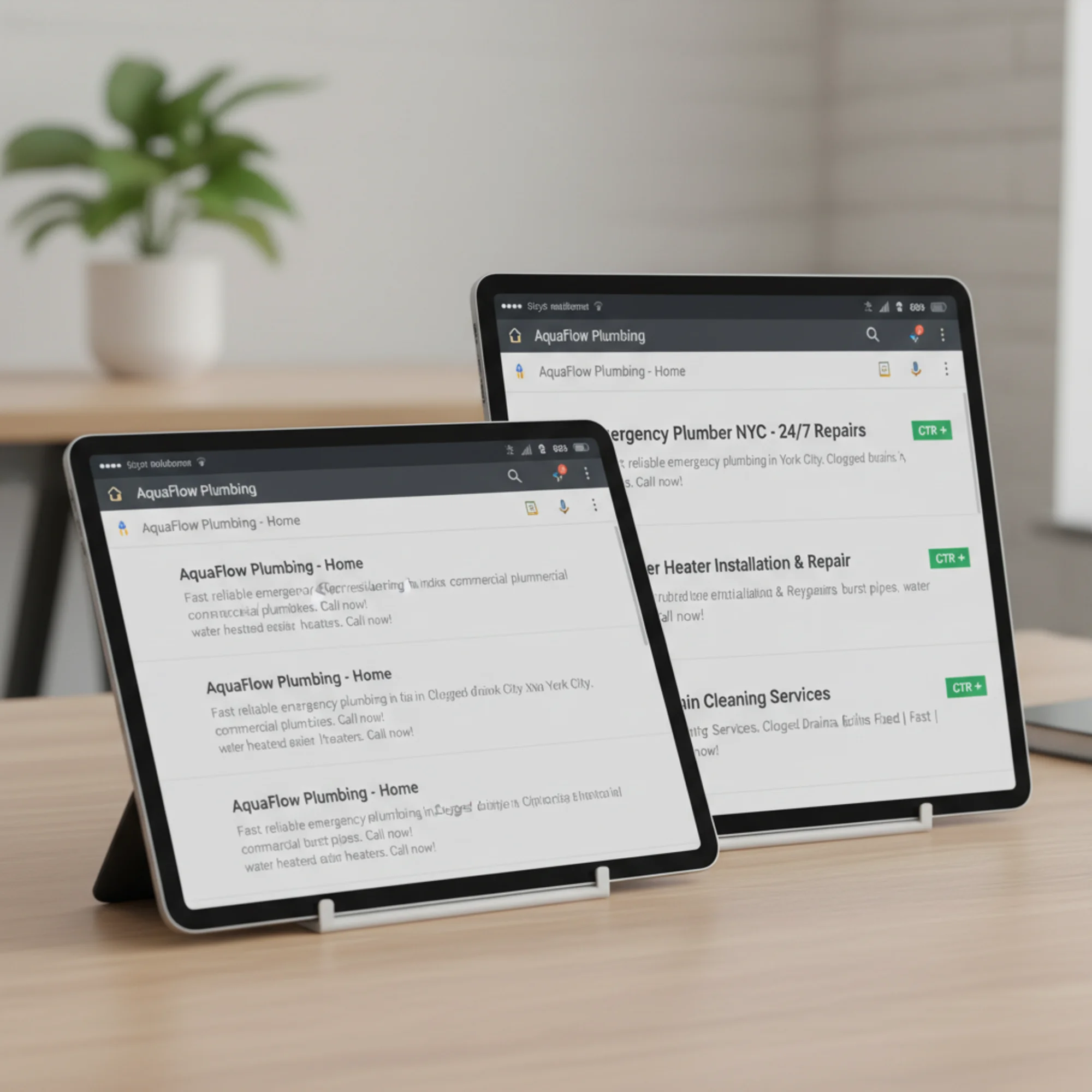 A side-by-side before-and-after Google search results comparison for a plumbing site, the left showing identical grey duplicate listings, the right showing distinct keyword-rich titles with improved click-through rate arrows pointing up