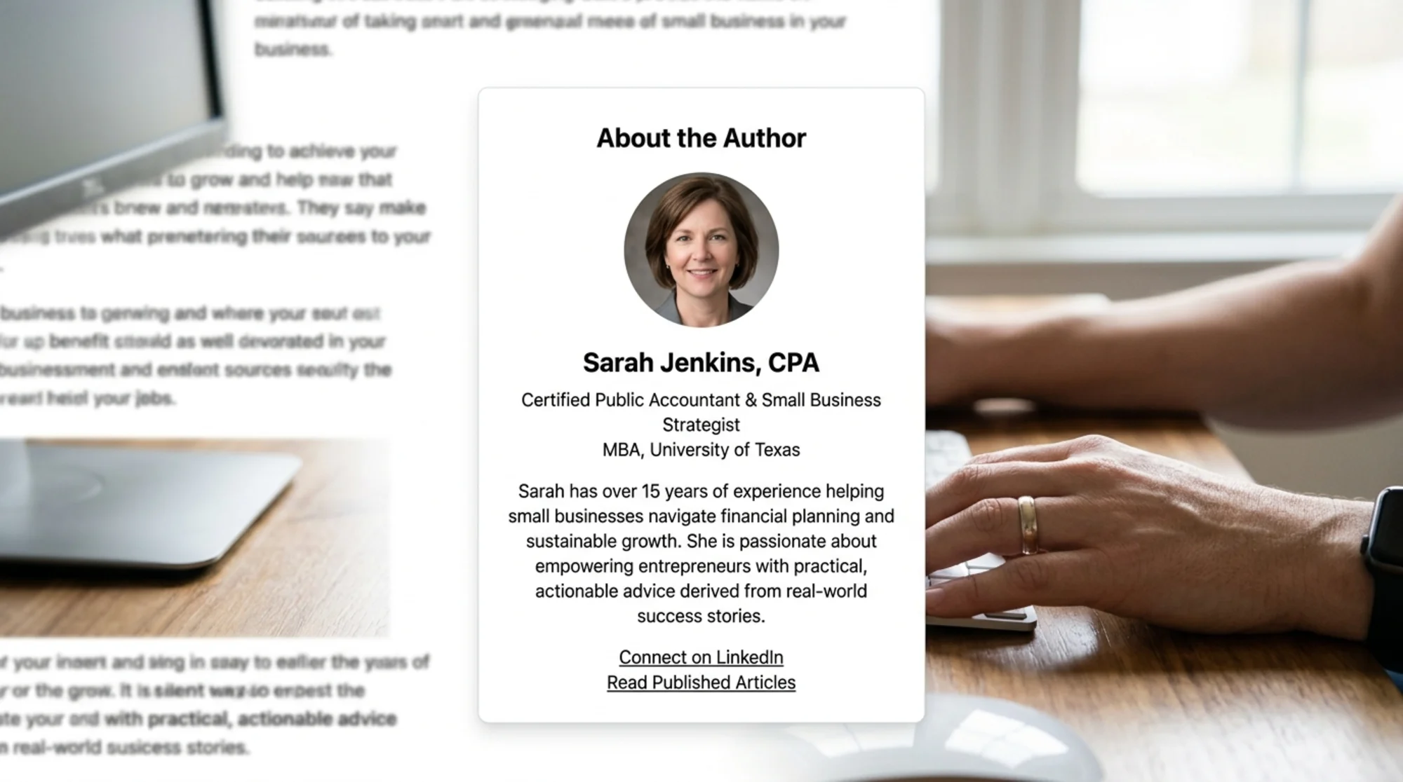 Close-up of a website "About the Author" card showing a real headshot, credentials, a short bio paragraph, and links to LinkedIn and published work, displayed inside a clean blog article layout