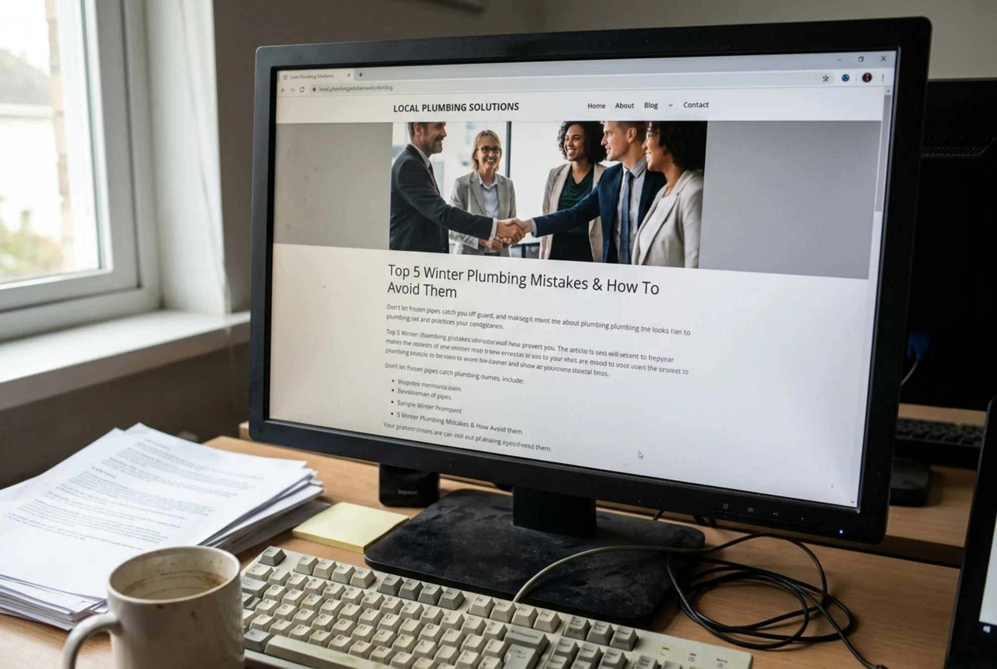 A blog post page with a missing author byline, no bio section, no published date, and a generic stock photo at the top — clearly lacking trust signals