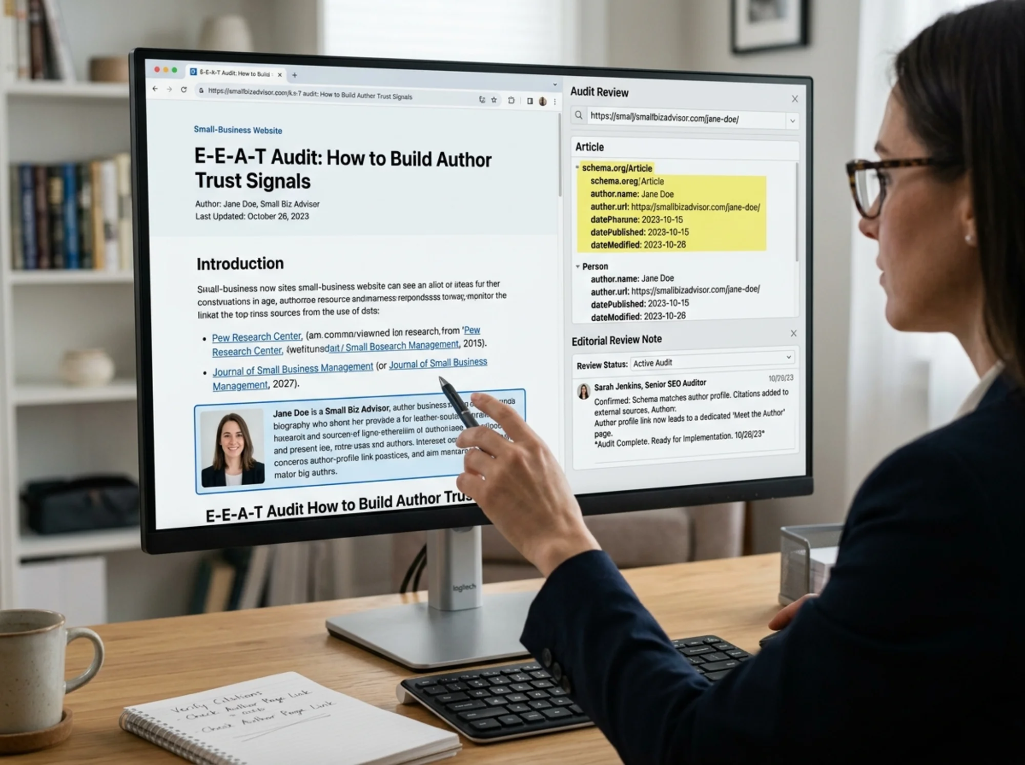 A side-by-side review of an article page with highlighted Article and Person schema markup, linked citations to research sources, and an editorial review note with date stamps