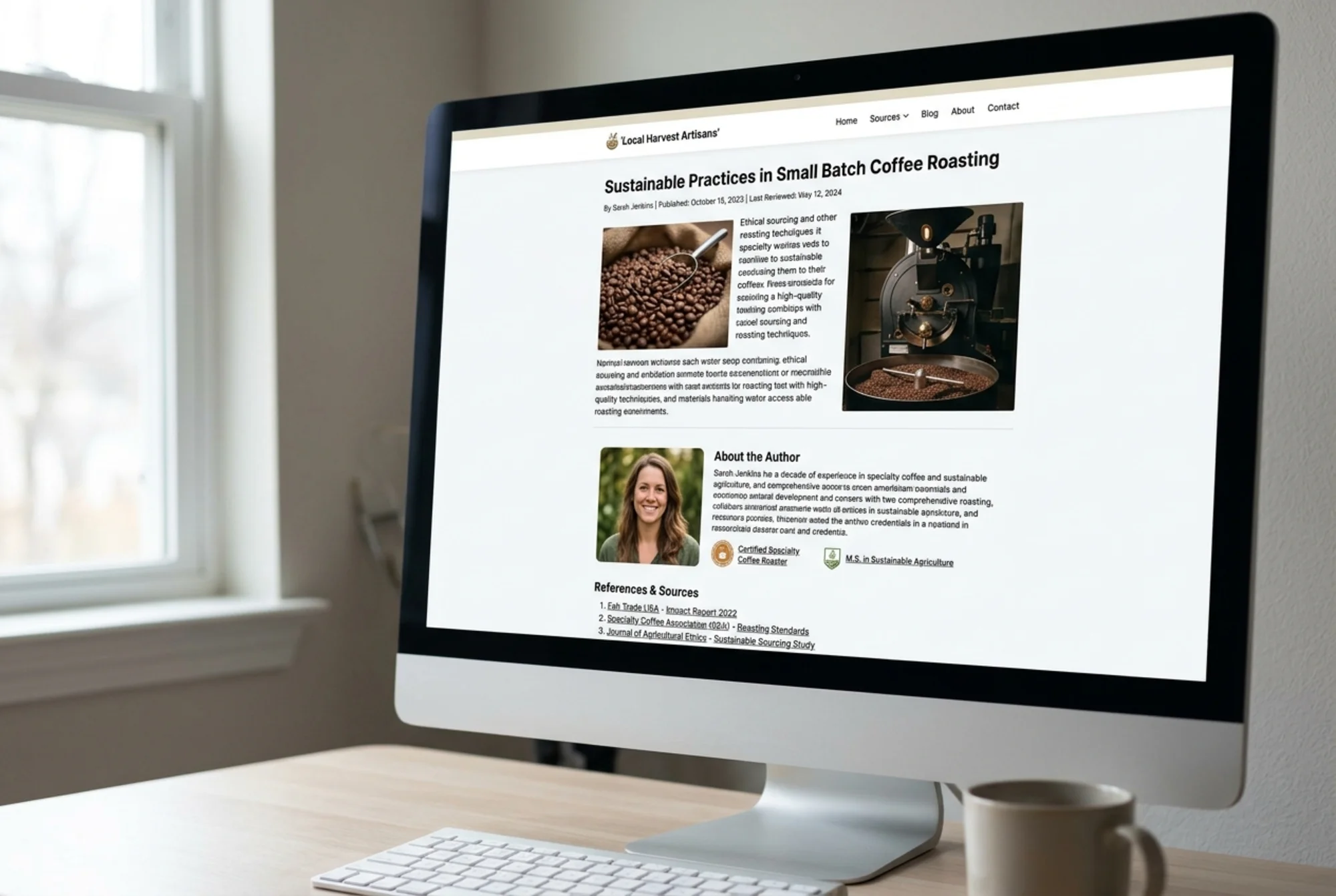 A finished small business blog article showing a complete author bio with photo, linked credentials, cited sources at the bottom, and a visible "last reviewed" date near the title