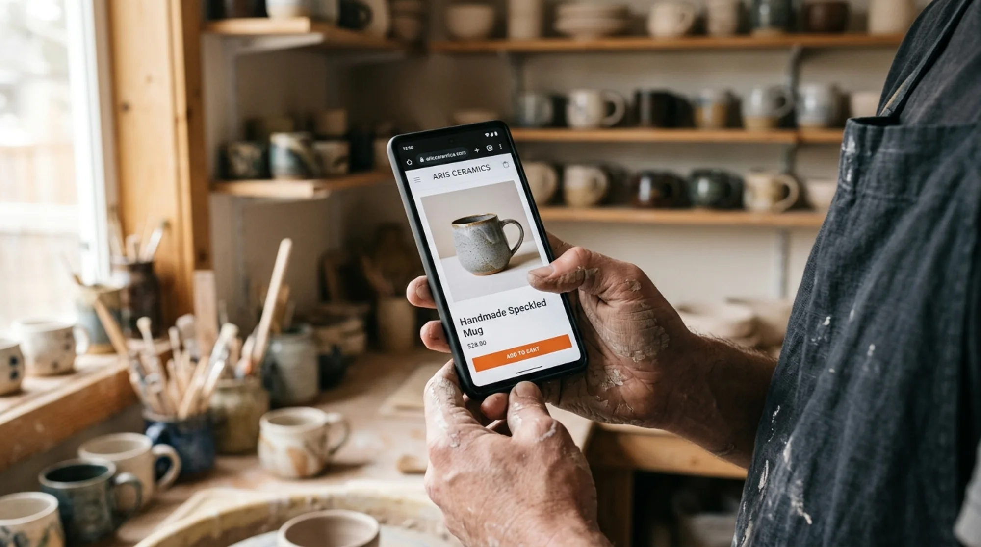 Mid-range Android smartphone held in a potter's hands displaying a handmade ceramic mug product page rendered instantly, crisp speckled-mug photo, visible price and Add to Cart button, soft daylight in a small ceramics workshop with shelves of mugs blurred behind