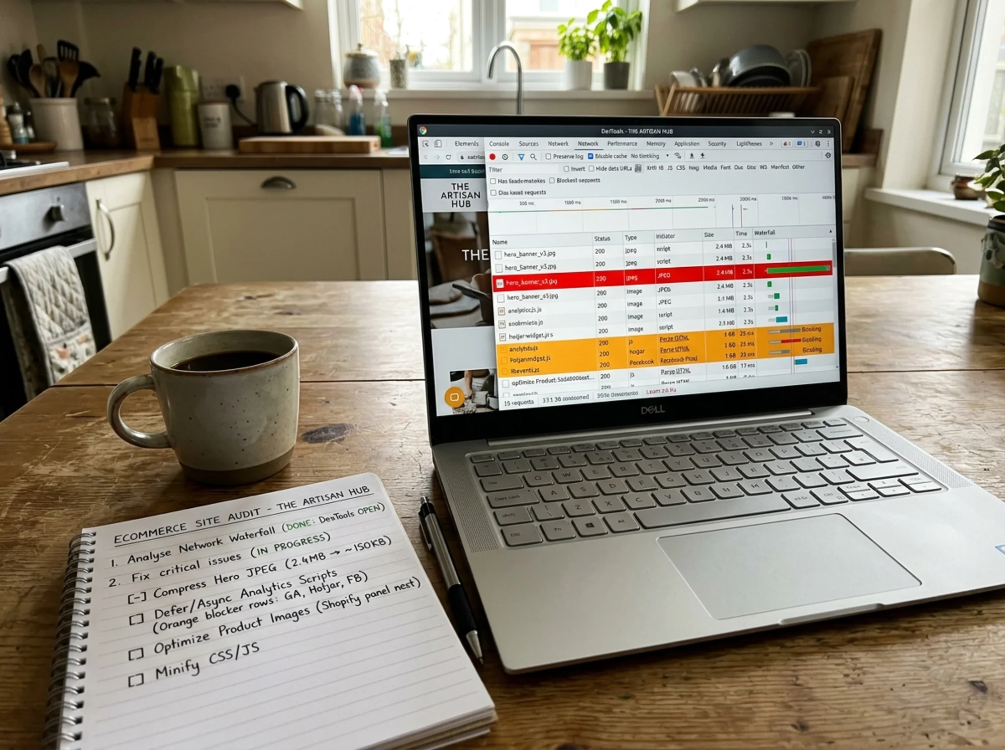 Laptop on a kitchen table showing a browser DevTools network waterfall with a 2.4 MB JPEG row highlighted in red and three render-blocking analytics script rows highlighted in orange, a handwritten audit checklist on a notebook beside it, mug of coffee in frame
