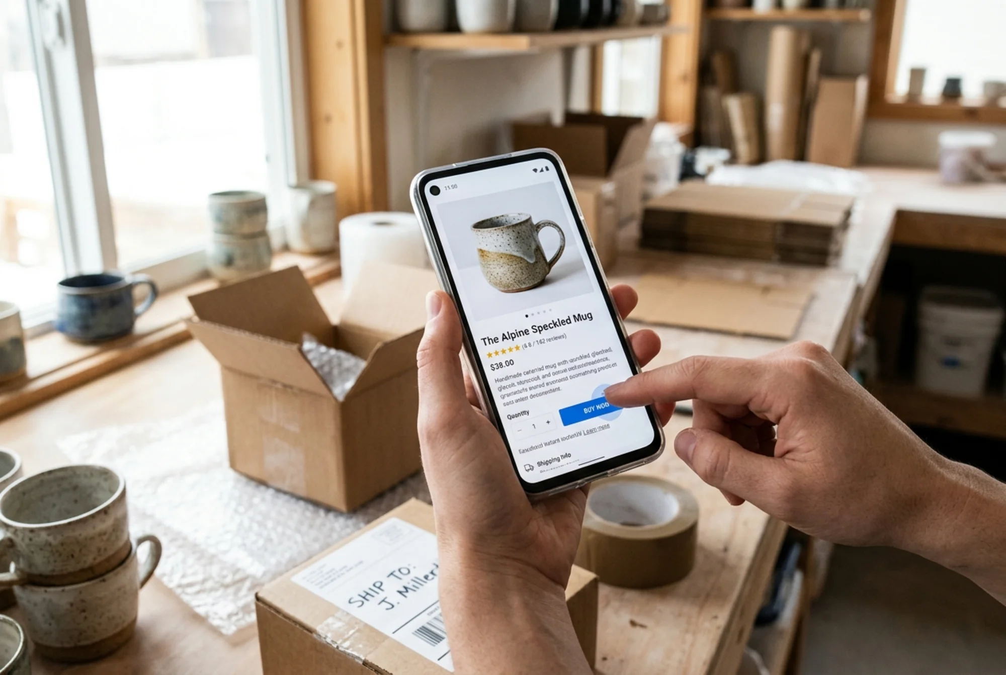 Same handmade ceramic mug product page now fully rendered in under a second on a mid-range Android phone, sharp speckled-mug photo, price and star reviews visible, a customer's finger pressing the Buy Now button, bright daylight on a small retail packing counter with shipping boxes