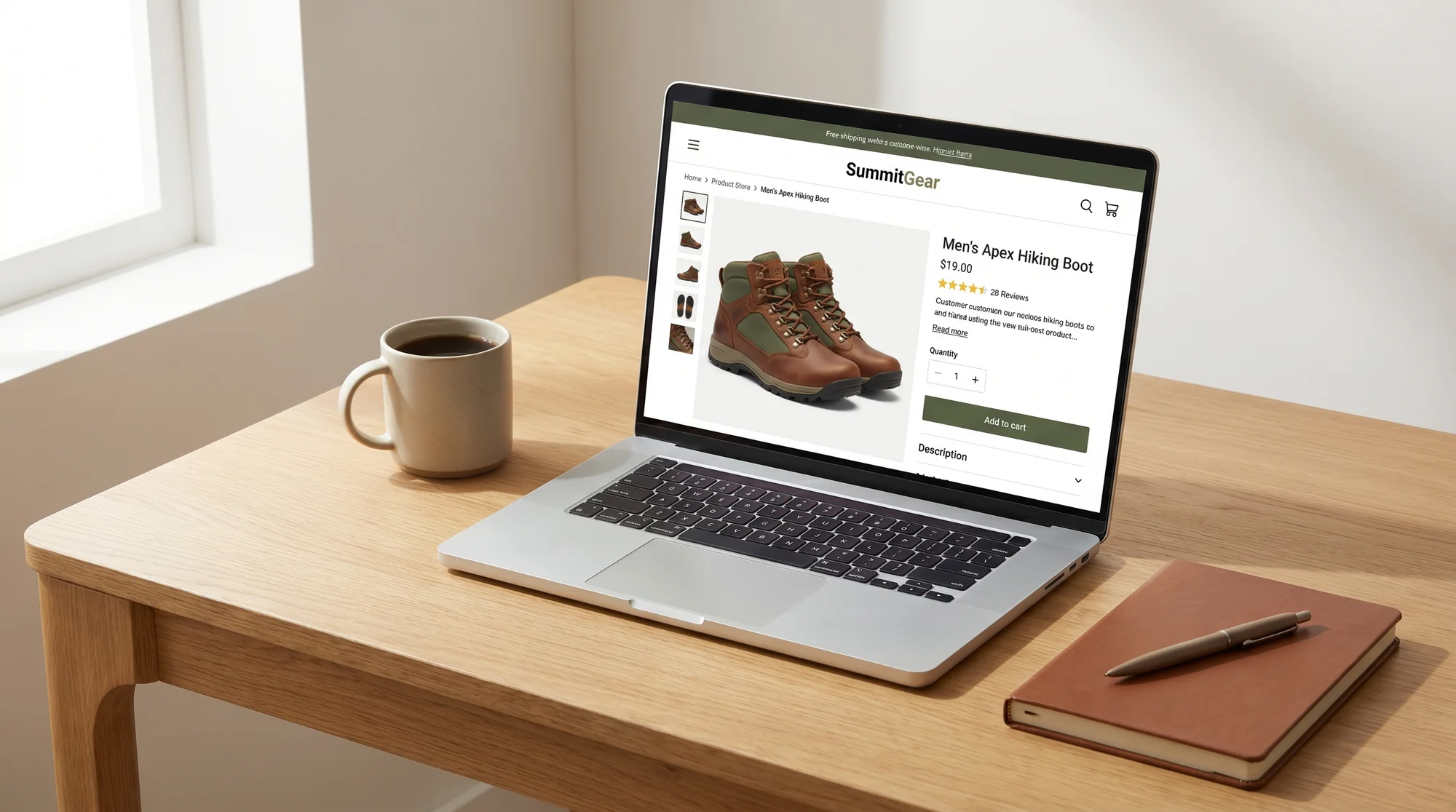 Online store product page with hiking boots on a laptop screen