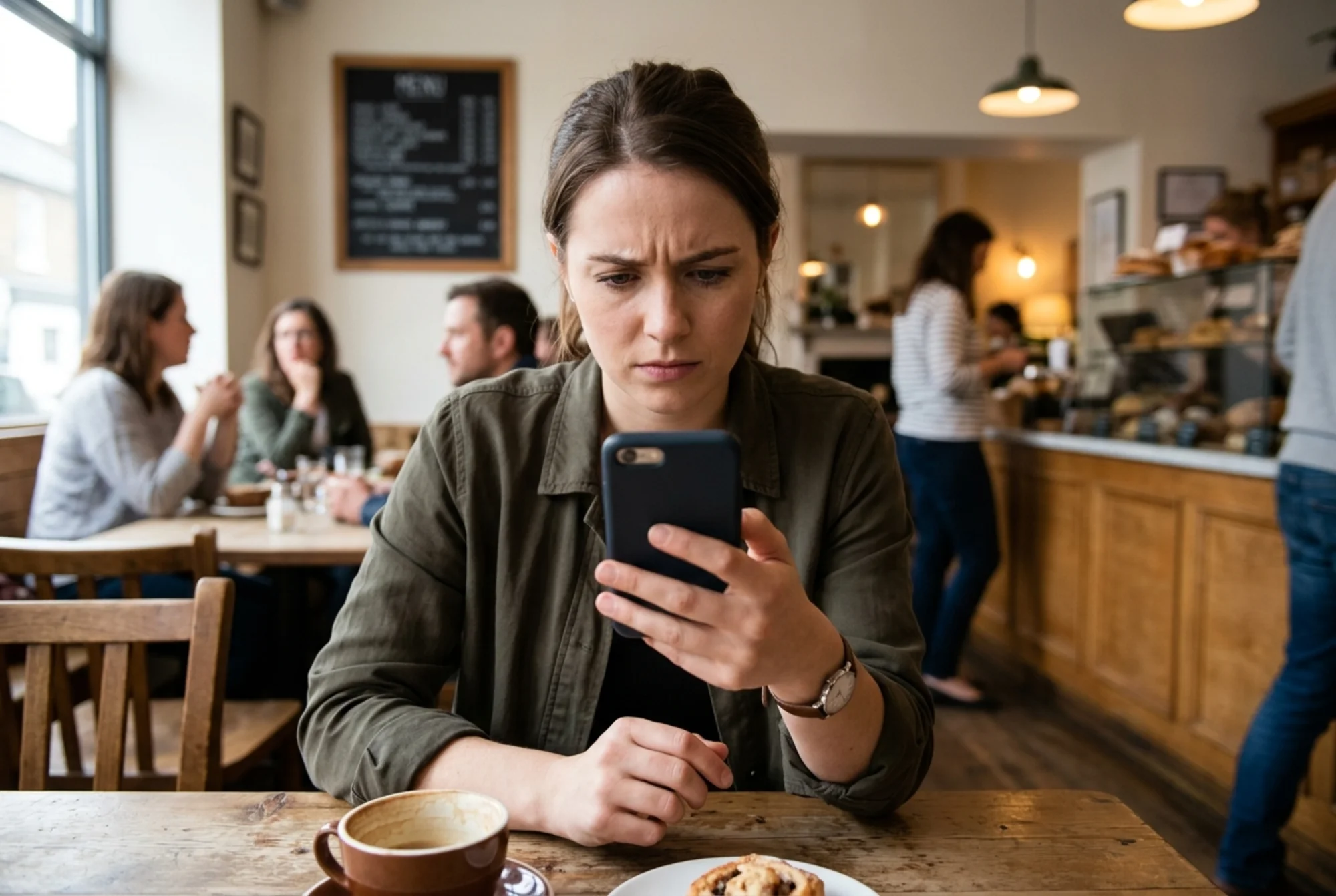 A slow-loading bakery website on a mobile phone with a mostly blank white screen and a stalled progress bar while a frustrated customer waits to view the menu