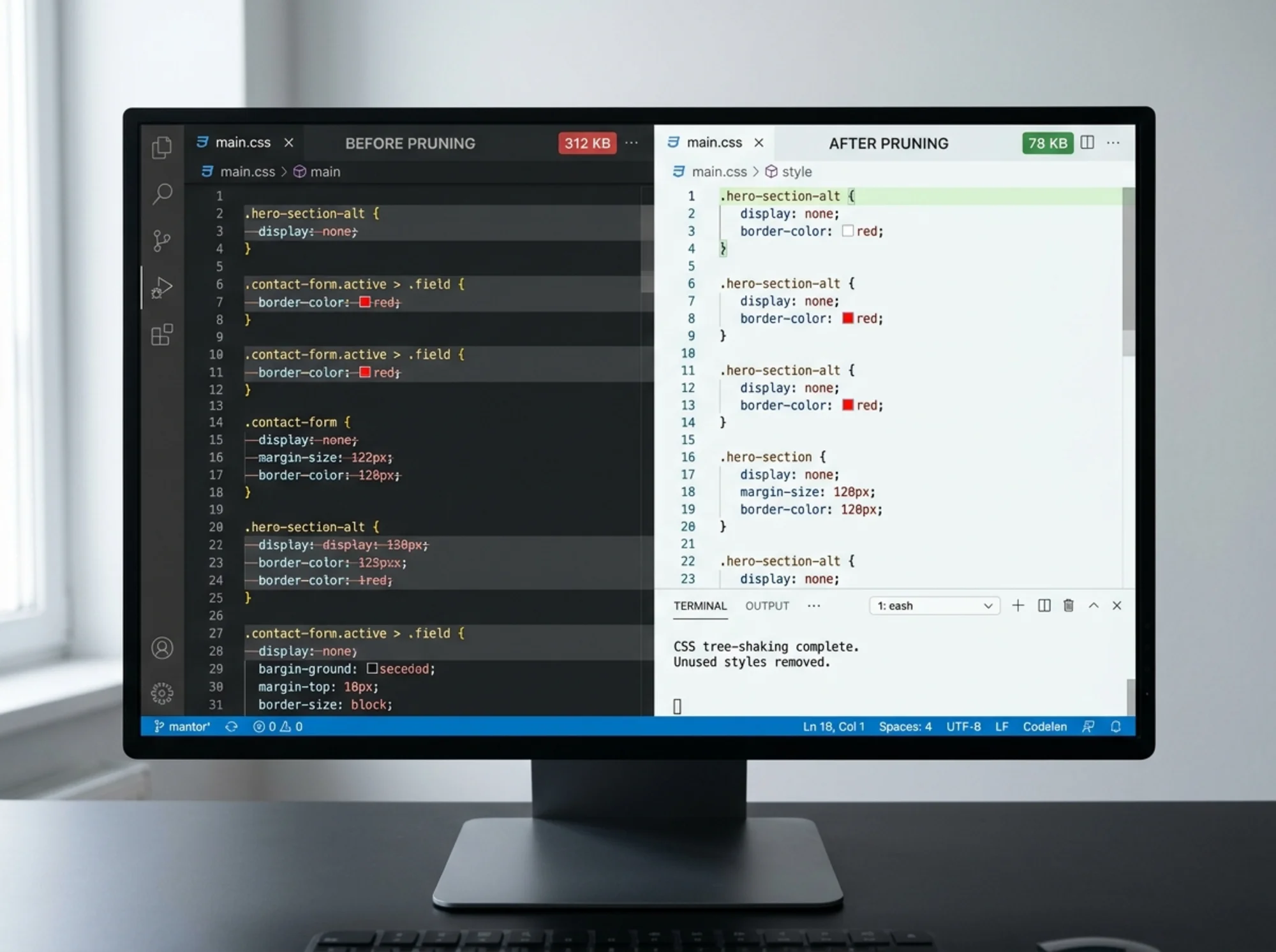 Side-by-side code editor view of a stylesheet before and after pruning, with struck-through unused selectors and a file size badge shrinking from 312 KB to 78 KB