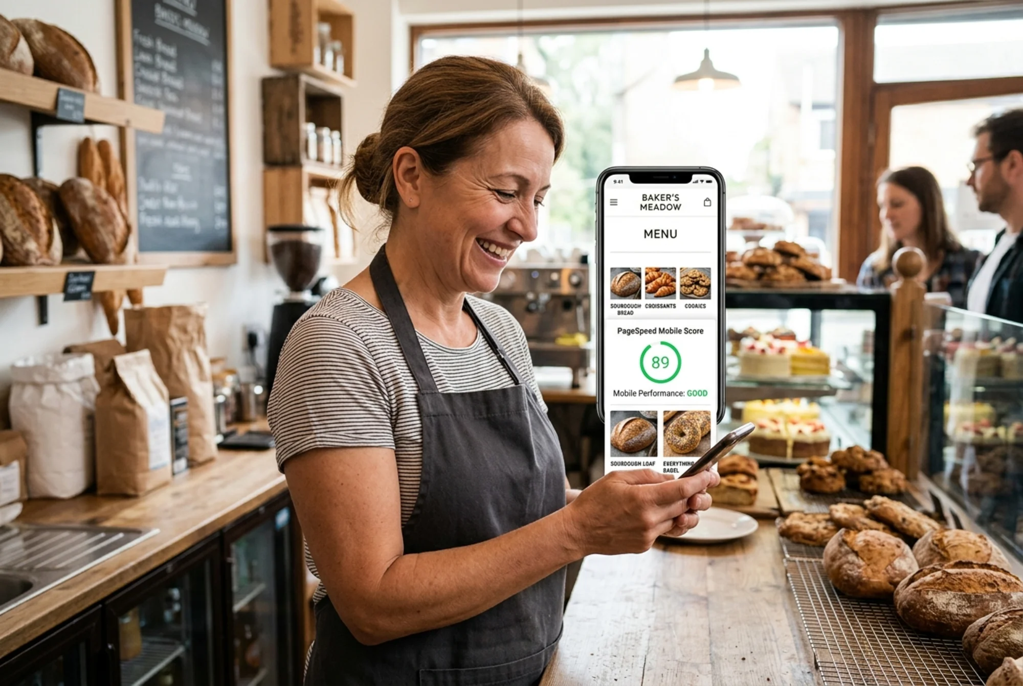 A small bakery owner smiling at a phone showing a fast-loading menu page with a green PageSpeed mobile score badge of 89 visible on screen