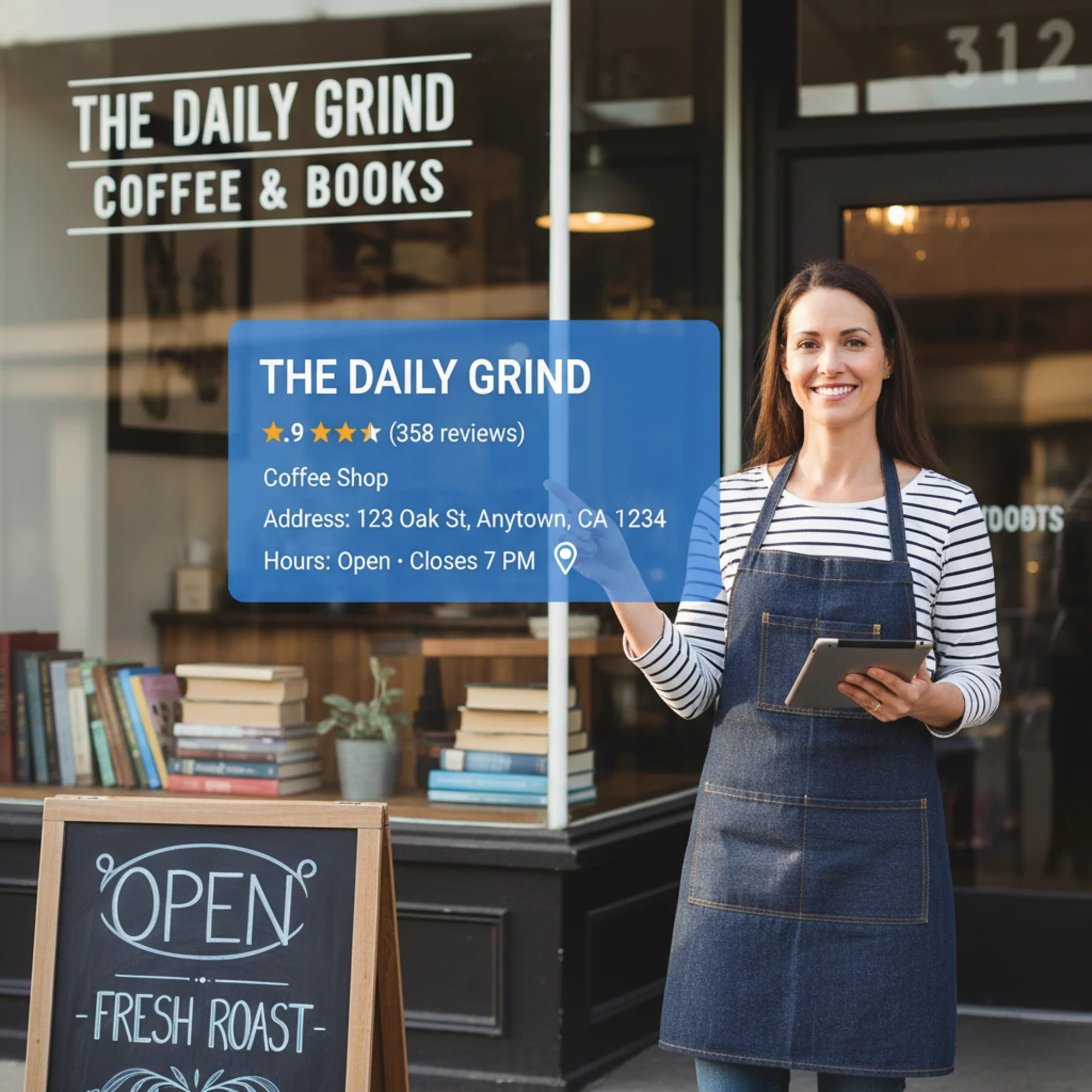 A small business owner standing in front of their storefront while a translucent overlay shows their Google Knowledge Panel with business name, address, hours, and star rating, illustrating a strong entity identity in search results