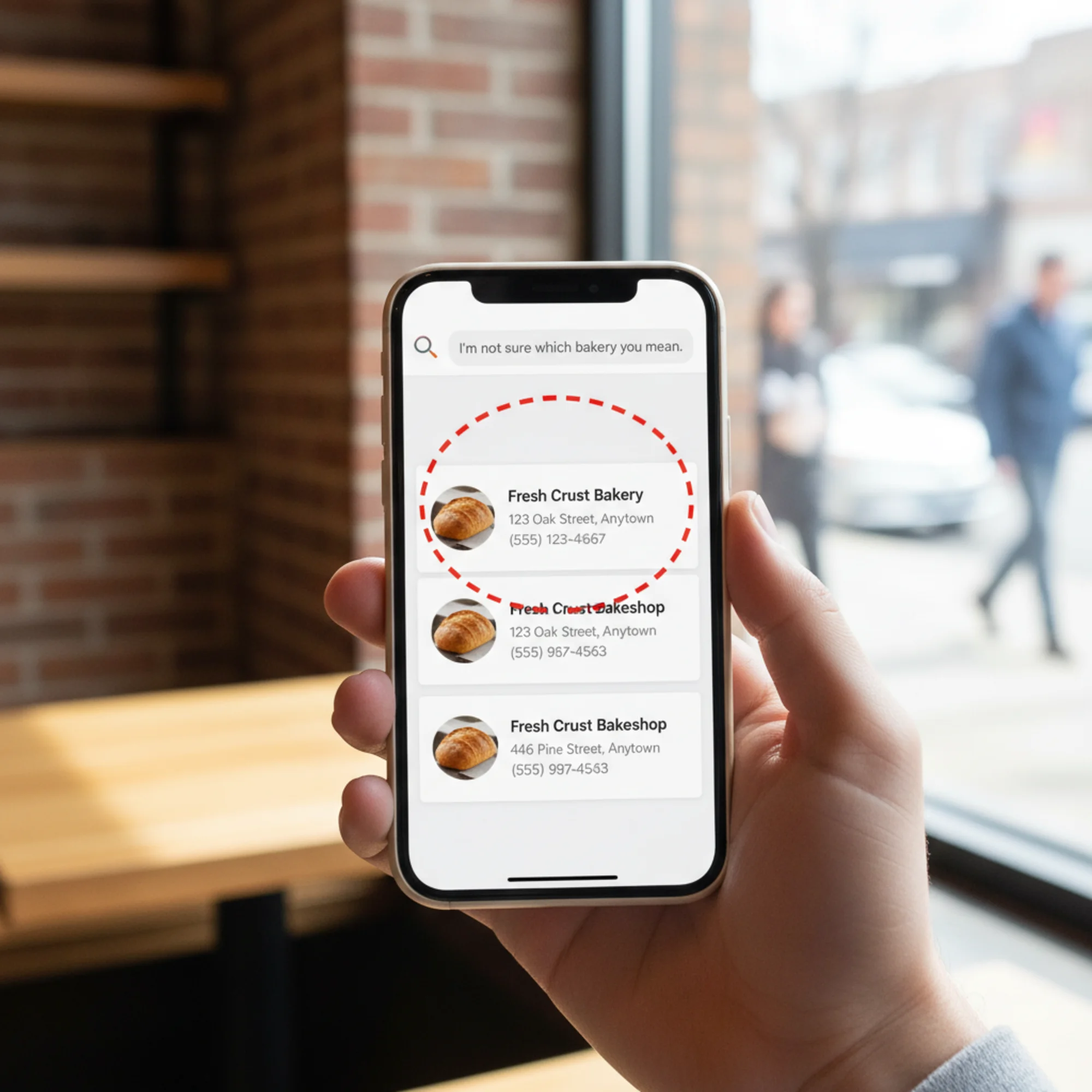 A phone screen showing an AI assistant responding "I'm not sure which bakery you mean" beside two nearly identical bakery listings with conflicting addresses and phone numbers, illustrating the cost of inconsistent NAP data