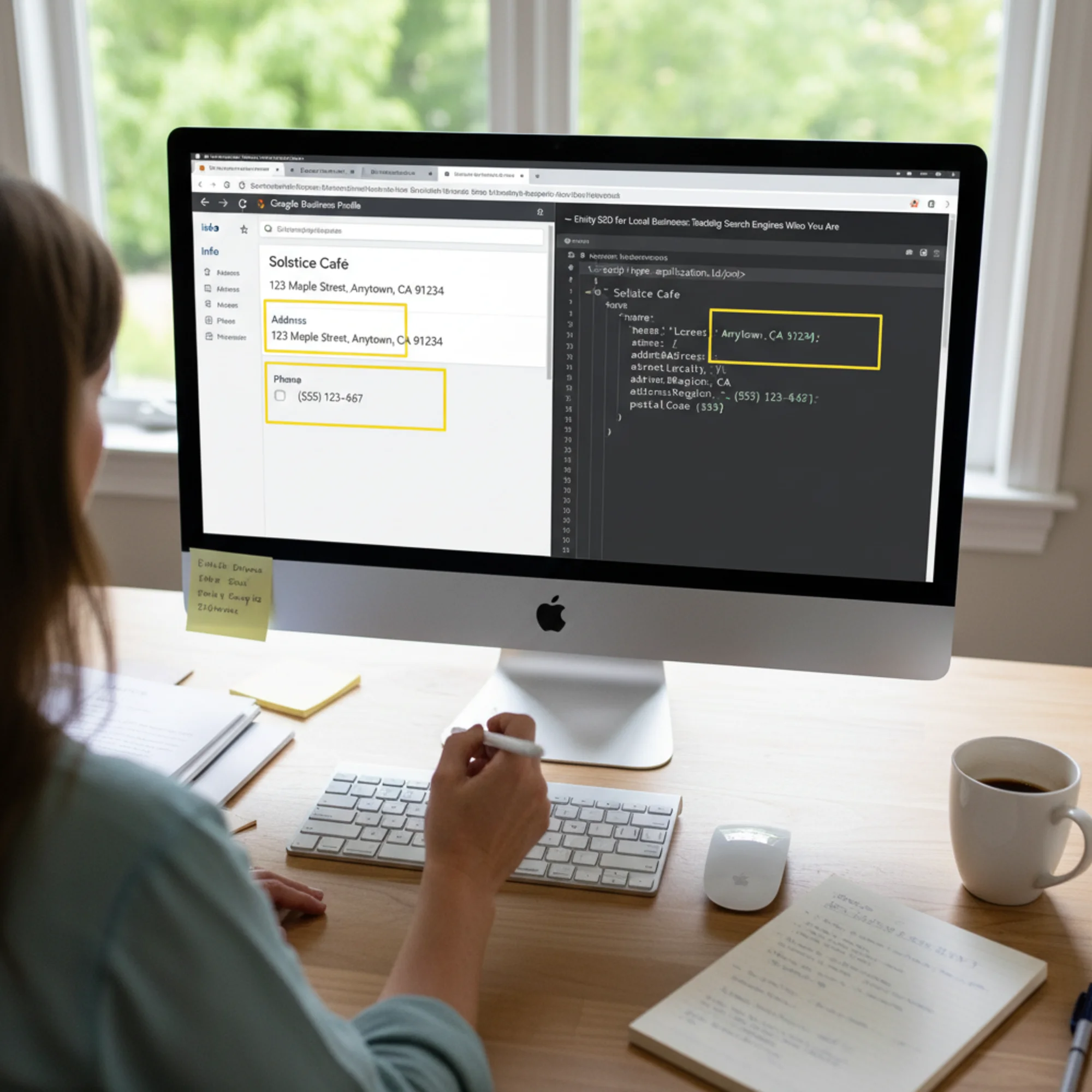A split-screen view of a business owner's computer showing their Google Business Profile editor on one side and their website's LocalBusiness JSON-LD structured data on the other, with matching name, address, and phone number highlighted in both
