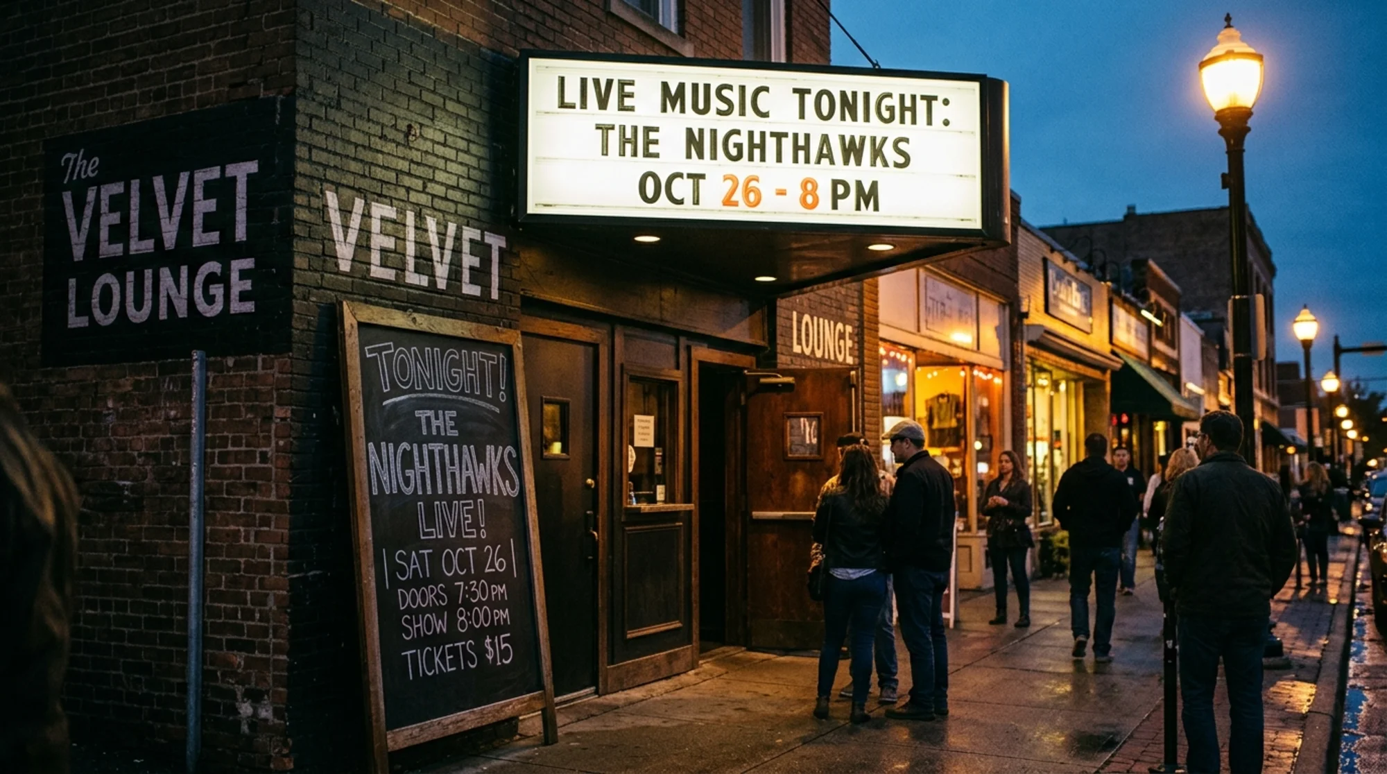 Small independent music venue marquee at dusk listing an upcoming live concert with date and time, warm street lights, hand-lettered chalkboard sign by the entrance announcing the show