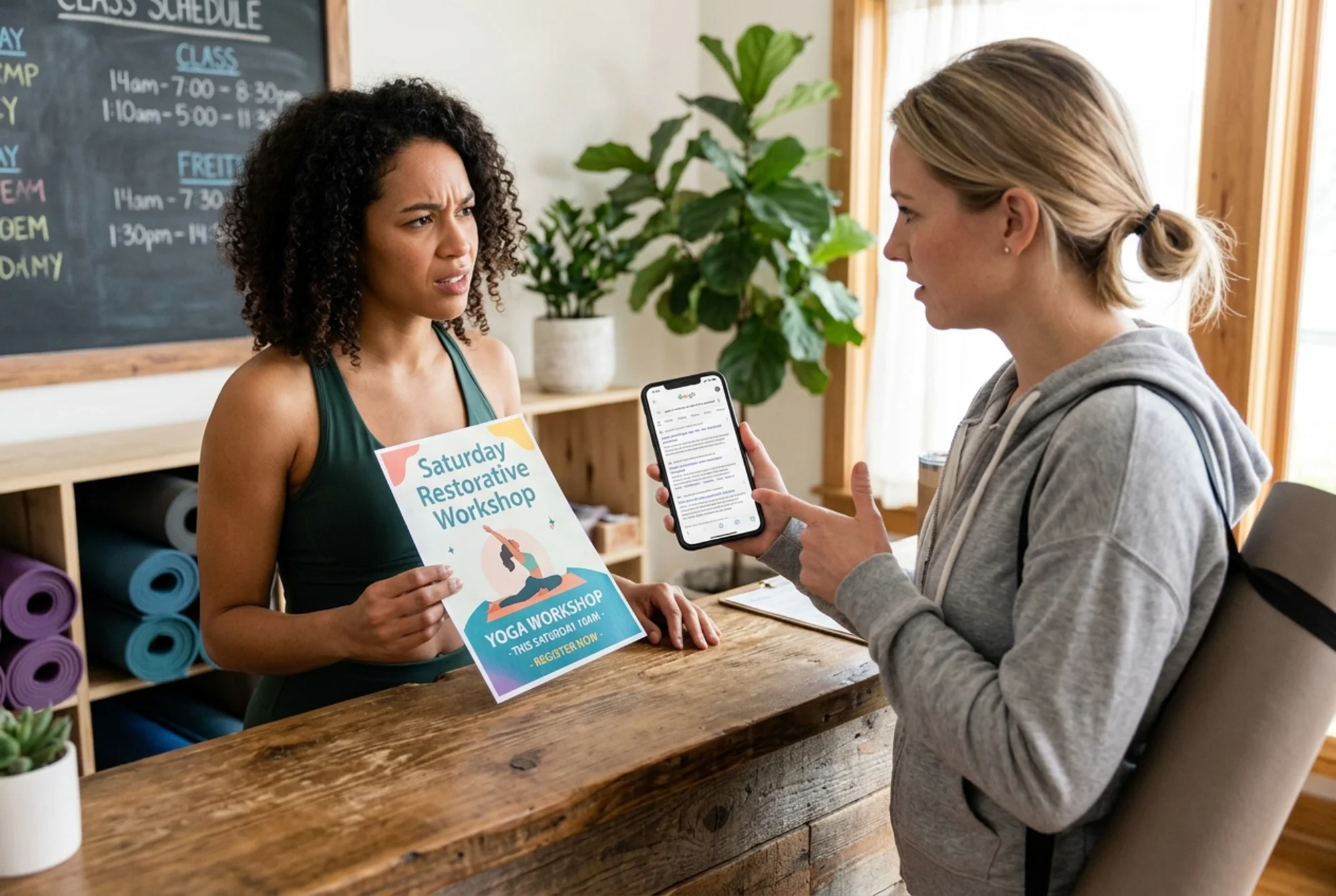 Frustrated yoga studio owner behind the counter holding a printed flyer for a Saturday workshop while a customer points at a phone showing a blank Google search result with no event listing