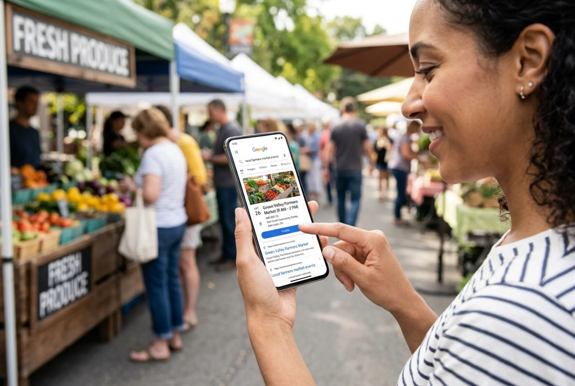 Bright Google Search results page on a phone showing a local farmers market event with date, venue name, and ticket link displayed as a rich result, customer smiling while tapping it