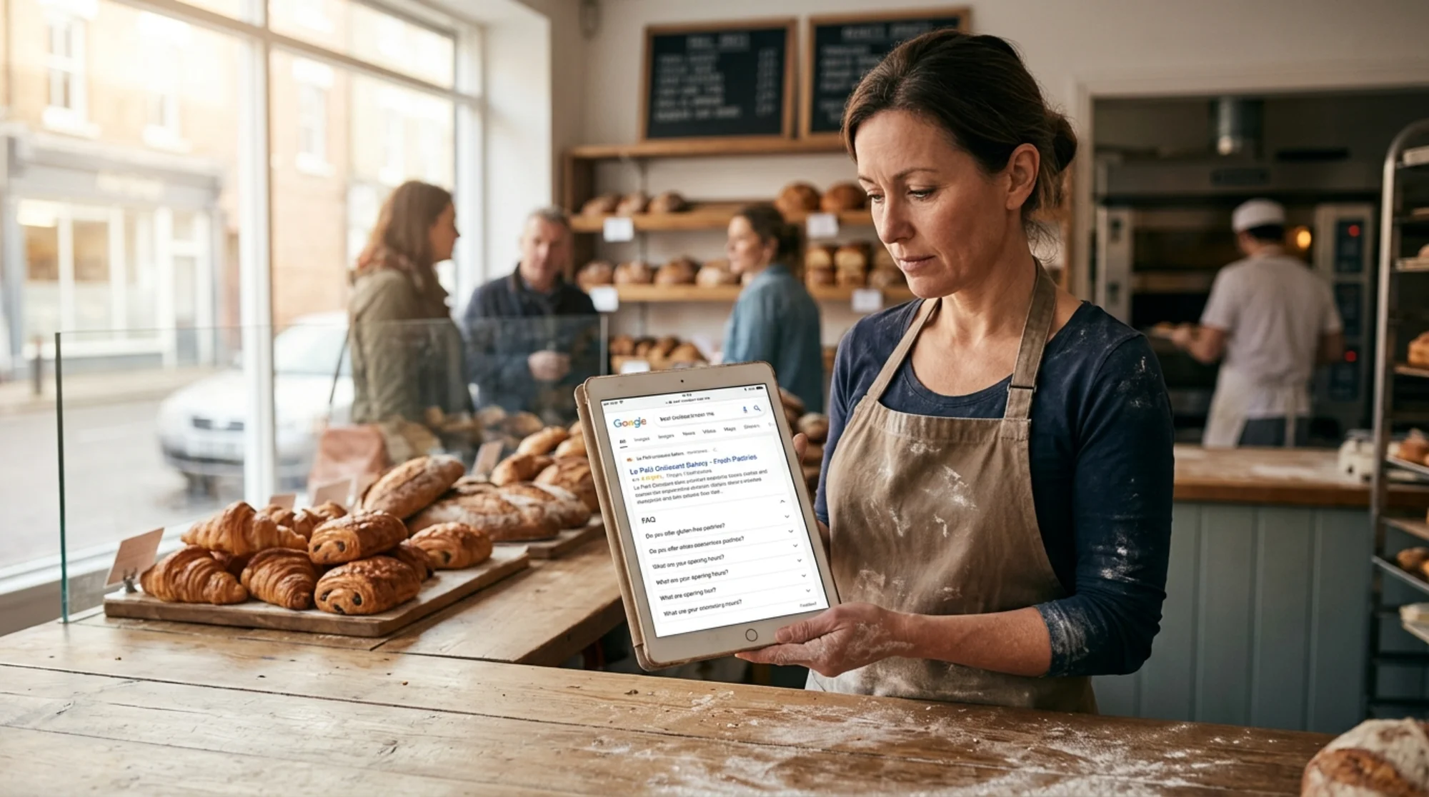 A small bakery owner on a flour-dusted counter holding a tablet that shows a Google search result for "best croissant near me" with an expanded FAQ accordion under their bakery listing, soft morning light through the storefront window