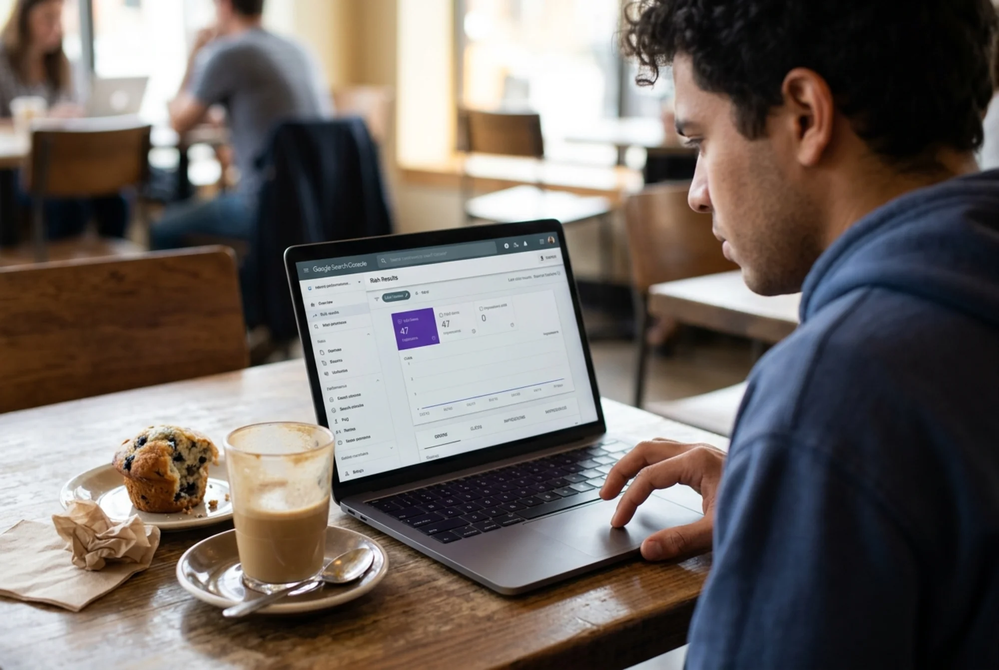 A marketer at a coffee shop staring at a laptop showing Google Search Console's FAQ rich results report with "Valid items: 47, Impressions: 0," half-eaten muffin and a lukewarm latte beside the keyboard