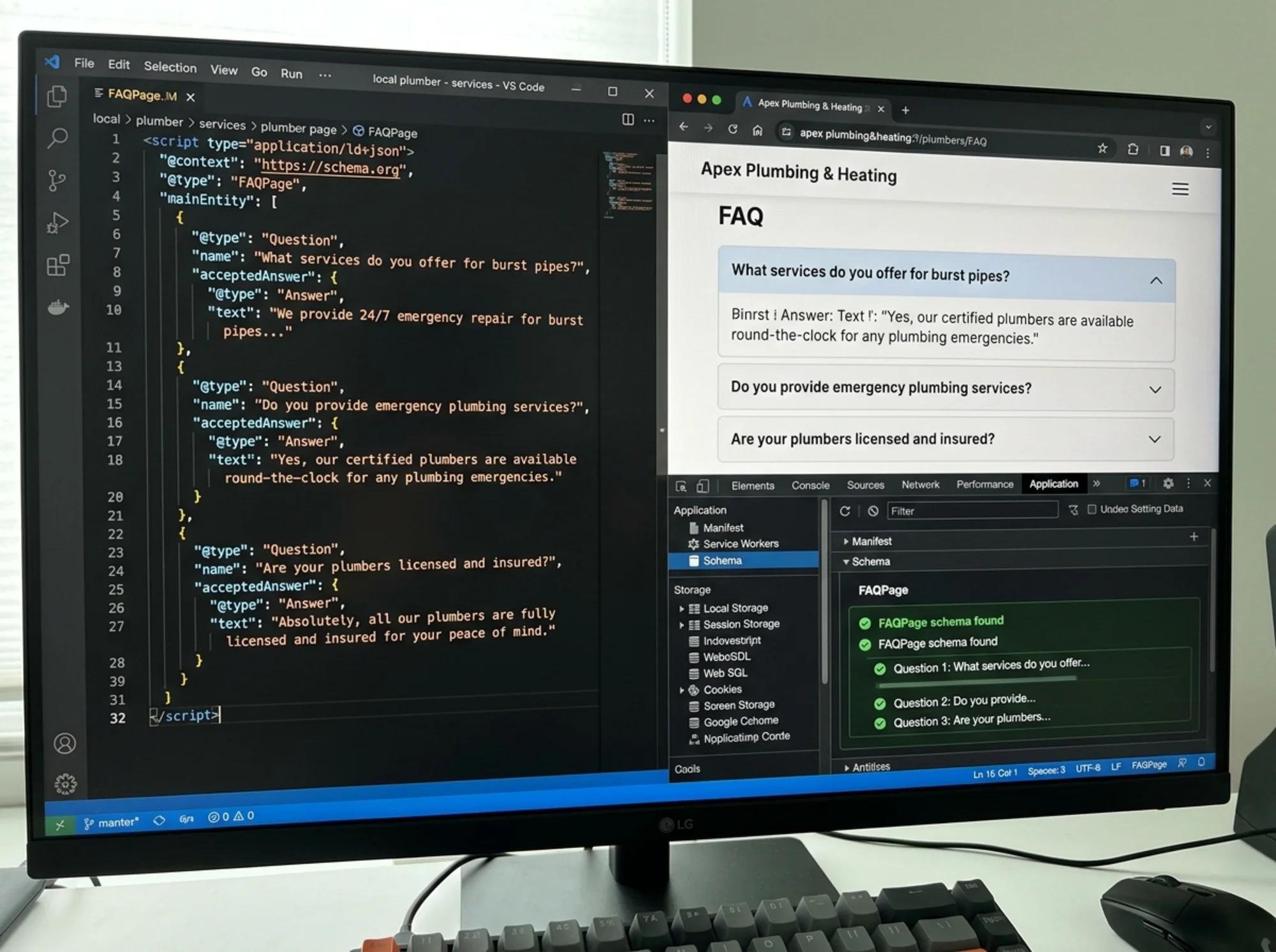 A close-up of a code editor split-screen — JSON-LD FAQPage markup with three Question/Answer entries on the left, a rendered plumber's service page FAQ section on the right, Chrome DevTools open at the bottom showing the parsed schema