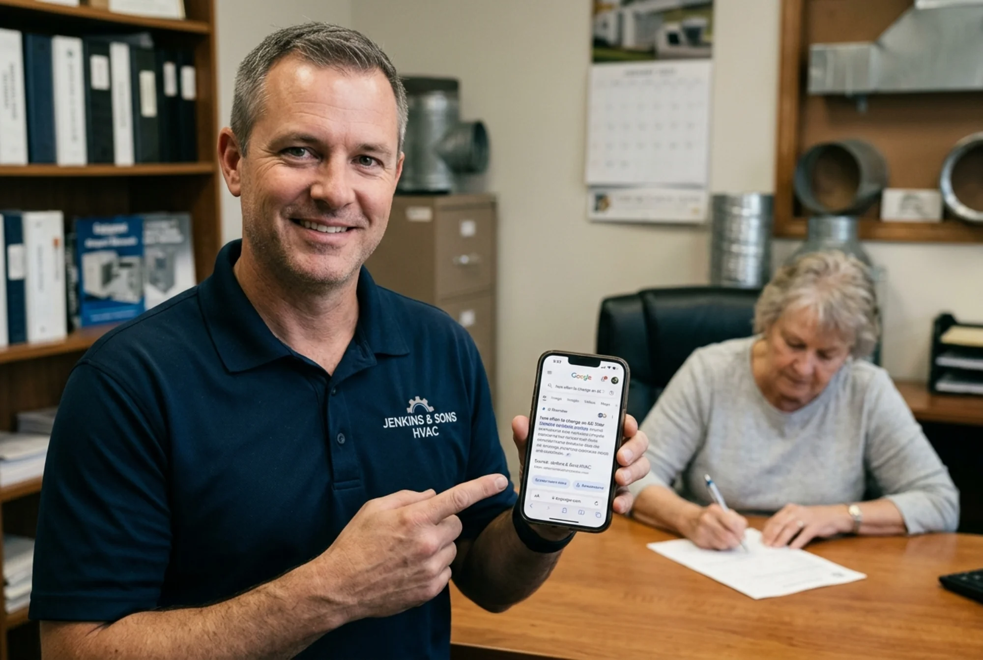 A confident HVAC business owner in a branded polo holding a phone that shows their company quoted in a Google AI Overview answering "how often to change an AC filter," a customer signing a service form in the background