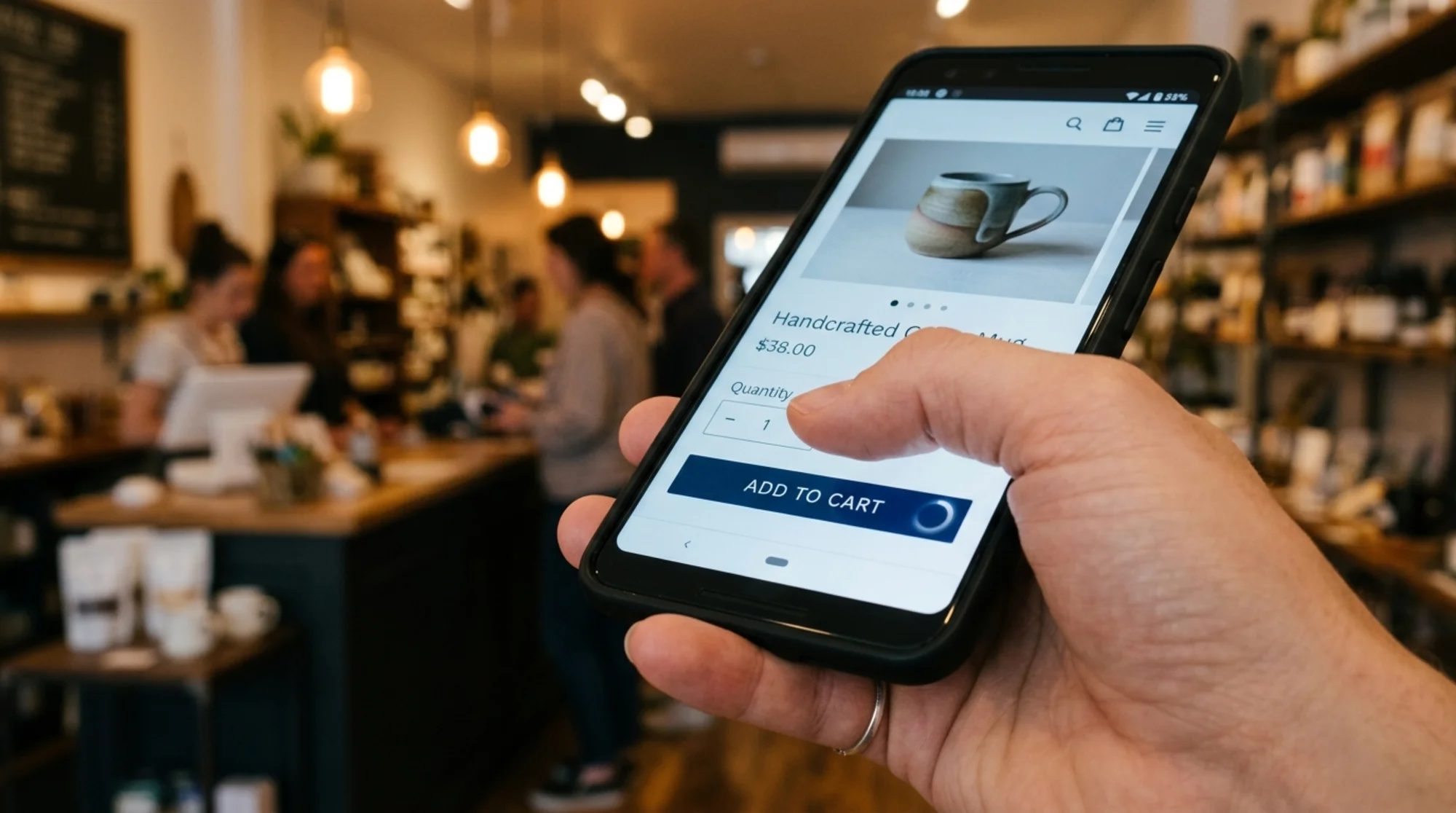 Close-up of a customer's thumb hovering over an "Add to Cart" button on a smartphone, with a faint loading shimmer around the button, warm shop lighting in the background