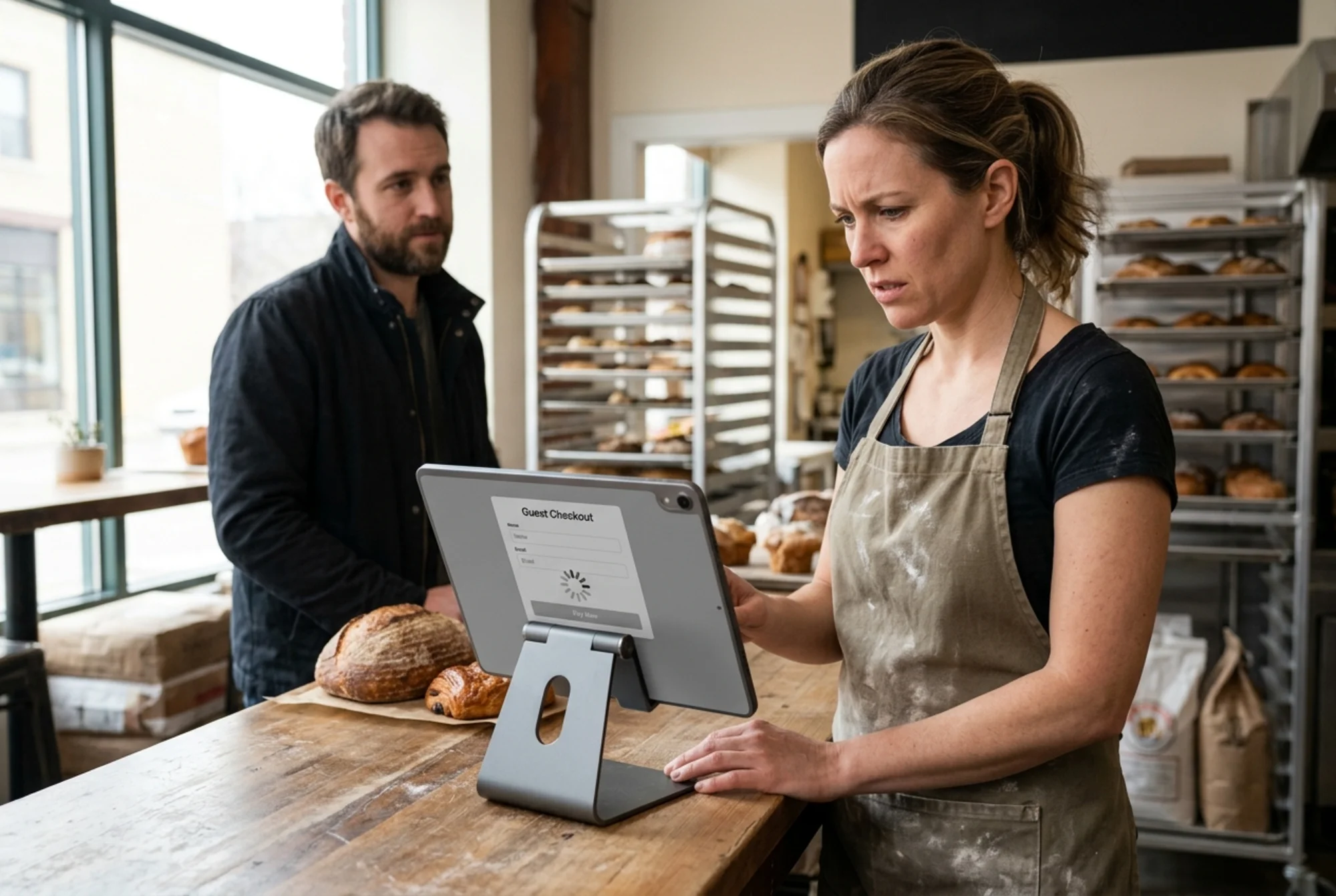 Frustrated small business owner at a bakery counter looking at a tablet showing a frozen checkout form with a spinning cursor, customer waiting in line behind them