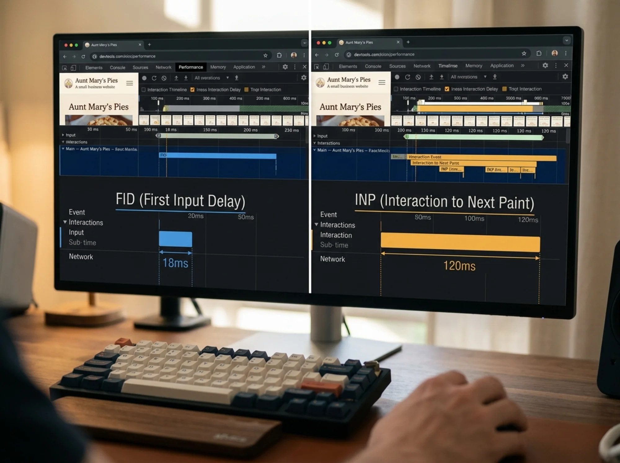 Split-screen view of a browser DevTools Performance panel showing two interaction timelines side by side, one labeled FID with a short bar and one labeled INP with a longer bar, annotated with pixel-perfect timing markers