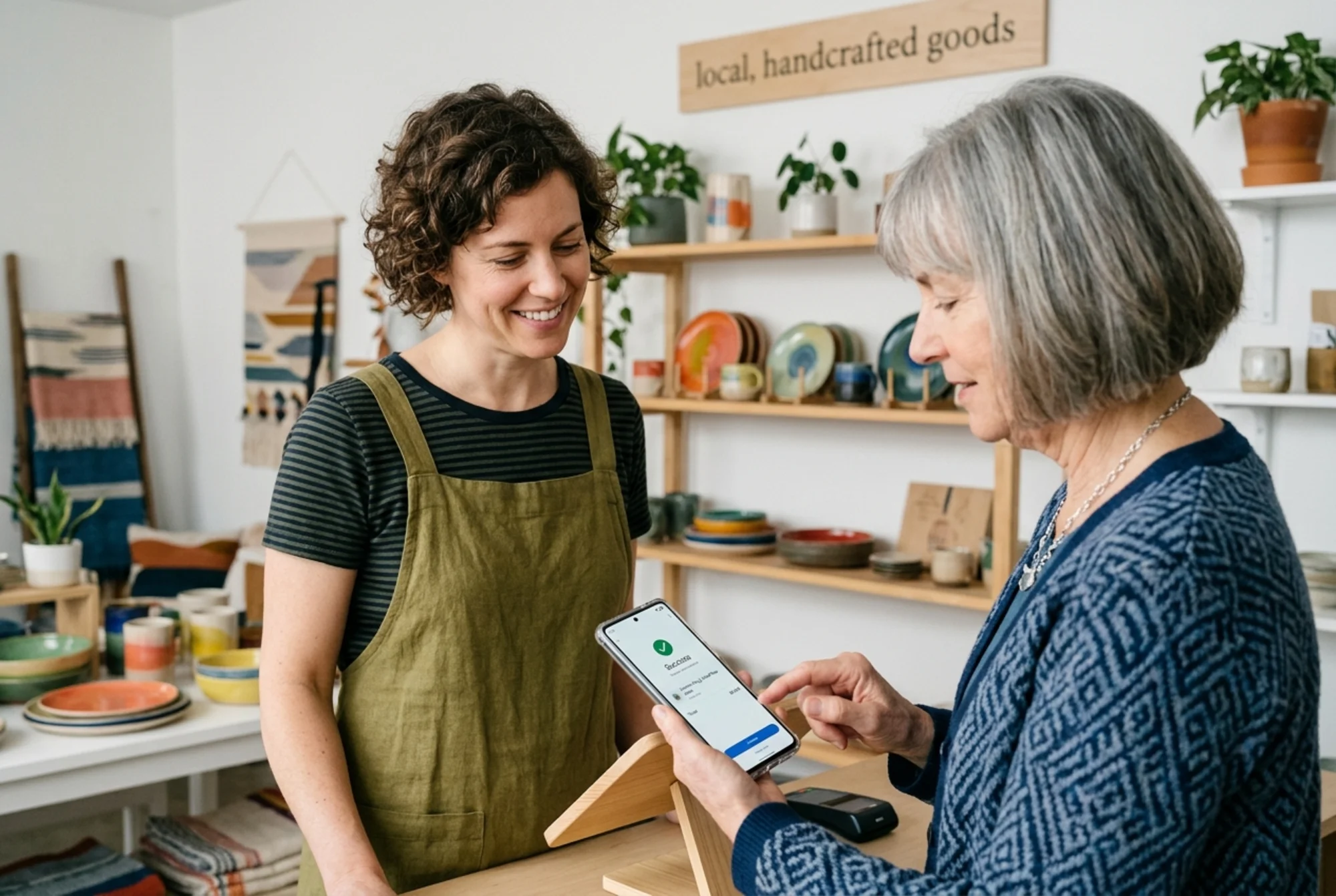 A small business owner smiling while watching a customer tap through a fast-responding mobile menu on a phone, checkout completing in one smooth motion, store interior softly blurred behind