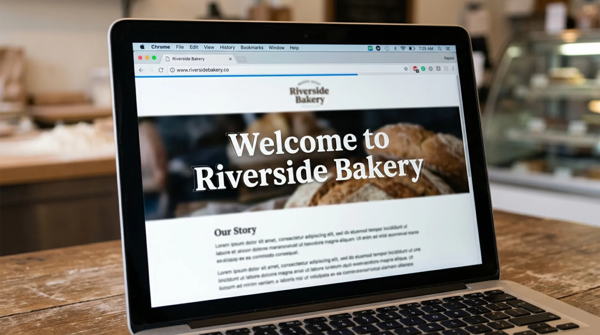 Laptop screen showing a small bakery homepage mid-render, the headline "Welcome to Riverside Bakery" caught swapping from a plain system font to a custom serif, a faint duplicate outline of the previous font still visible behind the new letters, browser chrome and a partial loading bar at the top