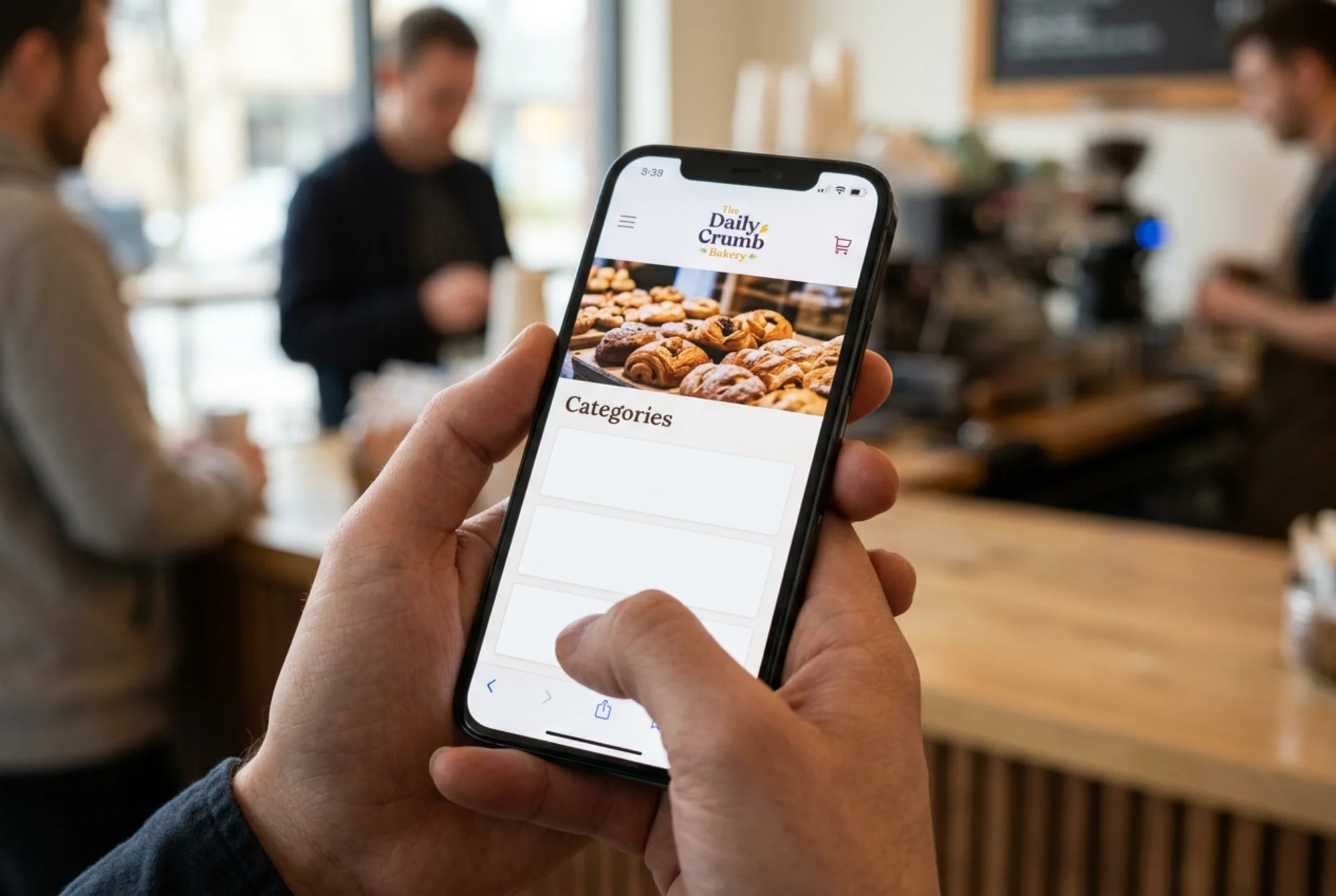 Smartphone held in a customer's hand showing the same bakery site with blank rectangular gaps where menu headings and prices should be, the logo and a hero photo loaded but text rows empty, thumb hovering near the browser back button, café counter blurred in the background