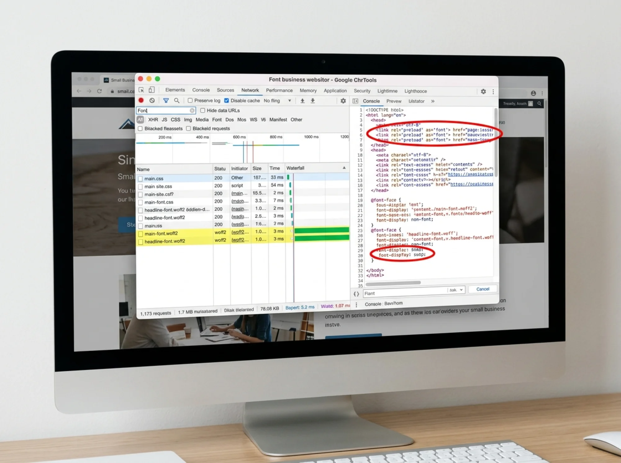 Desktop monitor showing Chrome DevTools open to the Network panel filtered to "Font", a waterfall chart with two woff2 files highlighted in yellow loading after the main CSS, the page source on a second pane showing a "<link rel='preload' as='font'>" tag and a "font-display: swap" CSS rule circled in red