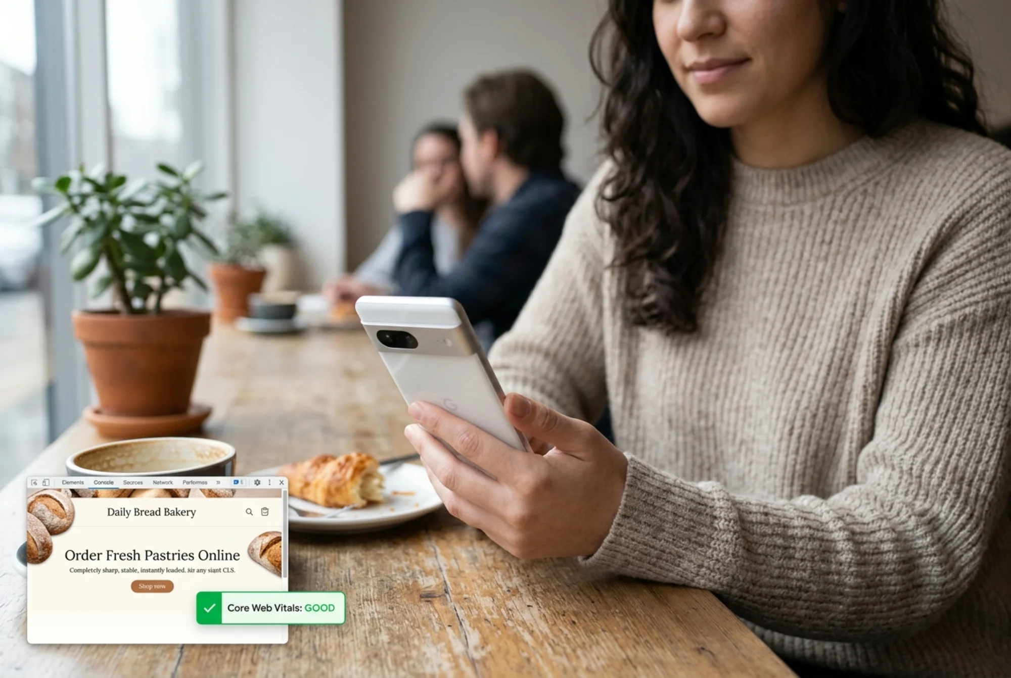 Same bakery homepage now fully rendered on a phone with the custom serif headline "Order Fresh Pastries Online" sharp and stable, no layout shift visible, a small green "Good" Core Web Vitals badge in the corner of a side dev panel, customer reading the menu calmly at a café table