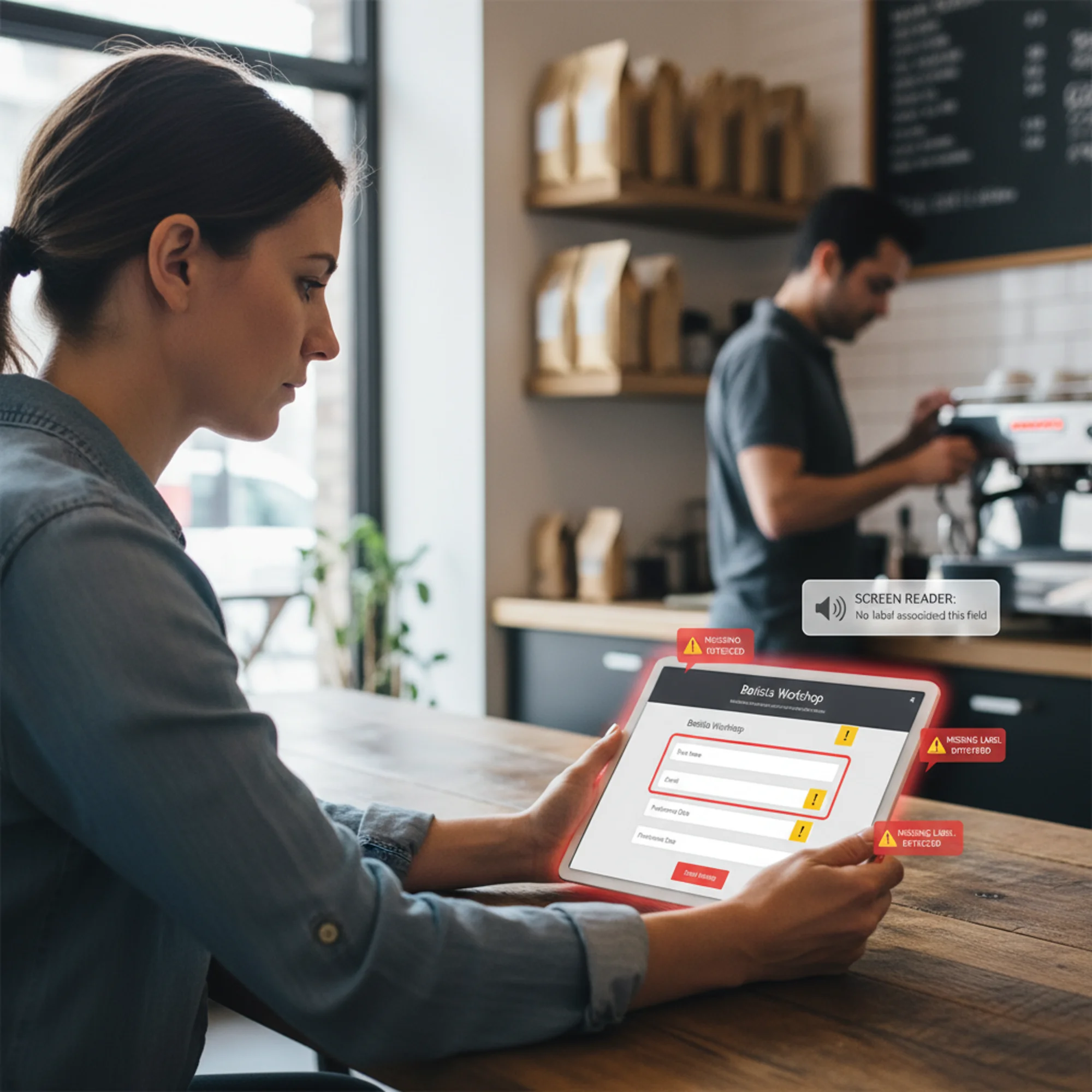 A small business owner on a tablet viewing a booking form where input fields glow red with missing-label warnings, a screen reader tooltip floating in the corner of the screen