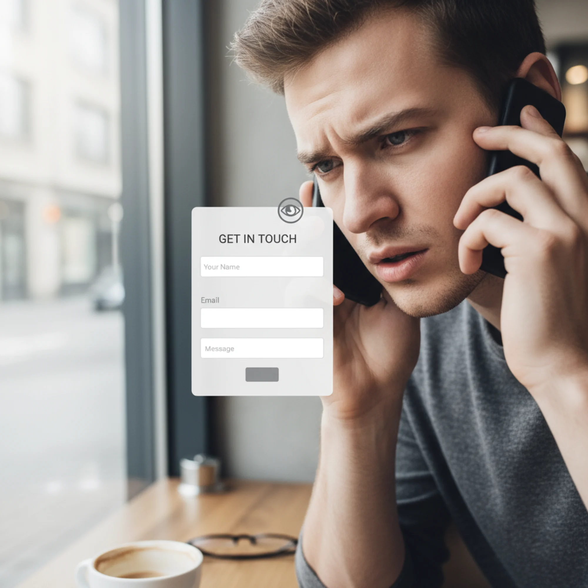 A frustrated customer using a screen reader on a phone, stuck on a contact form with unlabeled fields showing only faded placeholder text that has disappeared after tapping into the field