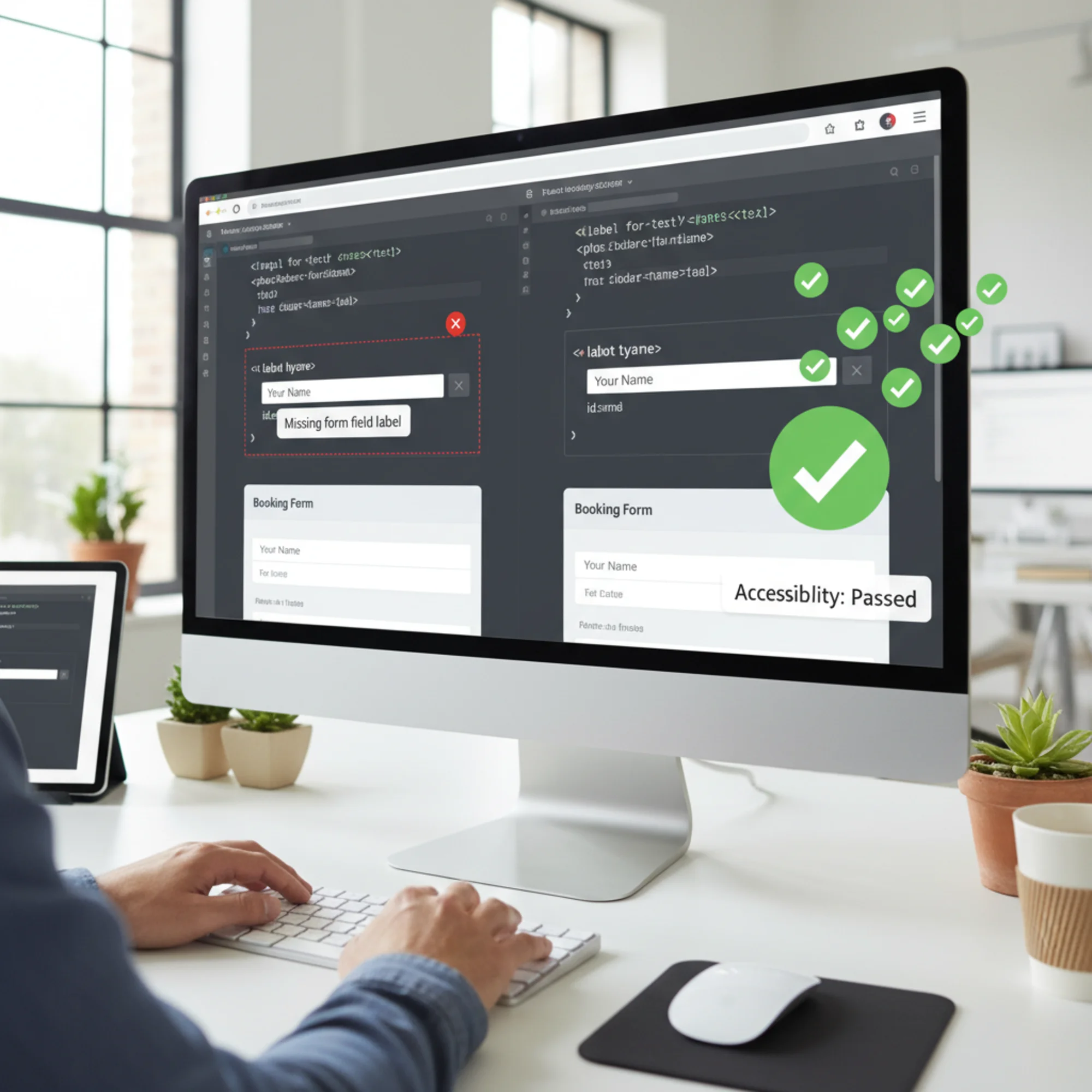 A split-screen code inspector showing an HTML form field before and after adding a proper label element, with green accessibility-audit checkmarks appearing beside the corrected version