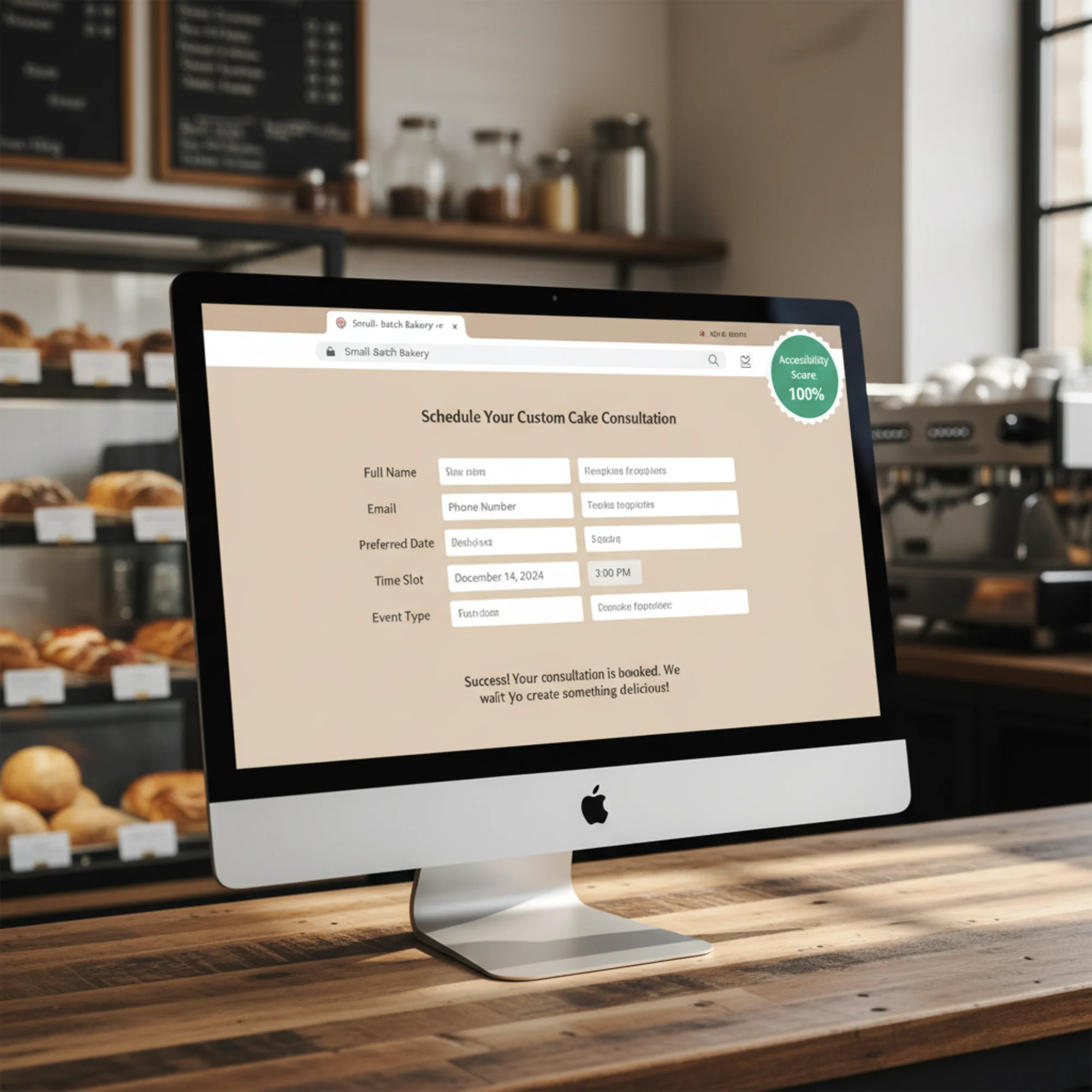 A completed appointment booking form on a bakery website with all fields showing visible labels, a green accessibility score badge in the corner, and a confirmation message on screen