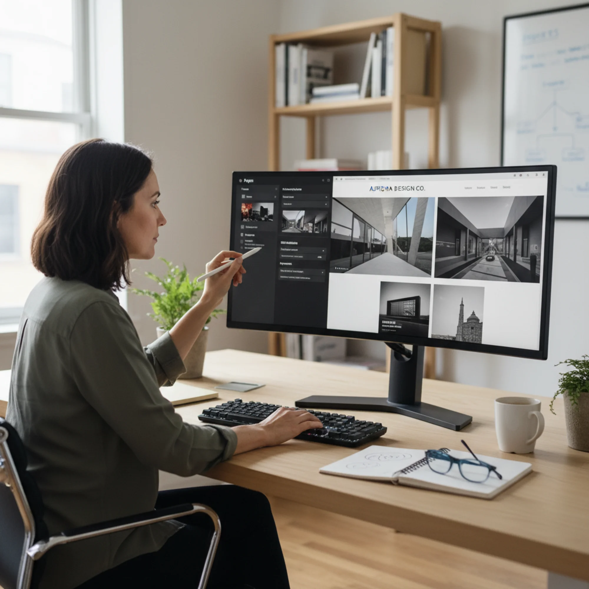 A small business owner reviewing their Framer website builder dashboard on a desktop monitor, with a published portfolio site visible alongside the Framer editor panel showing page settings and SEO metadata fields